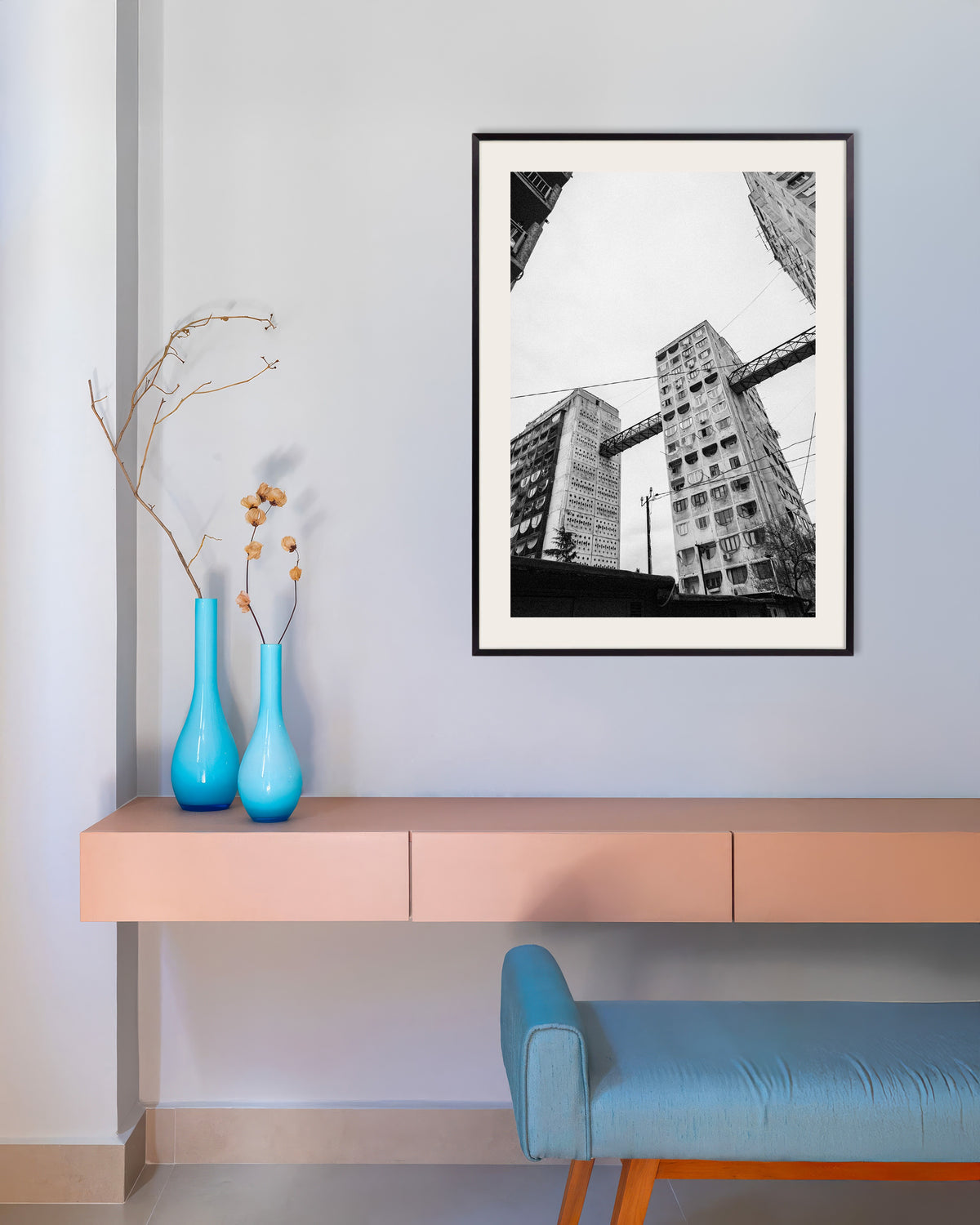 Poster of Towers Linked by Bridges From Below, with metal frame
