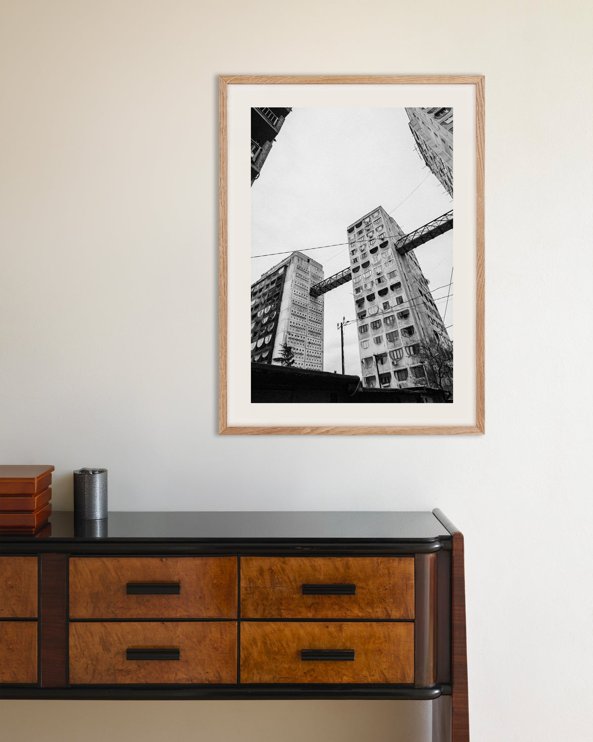 Poster of Towers Linked by Bridges From Below, with natural wooden frame