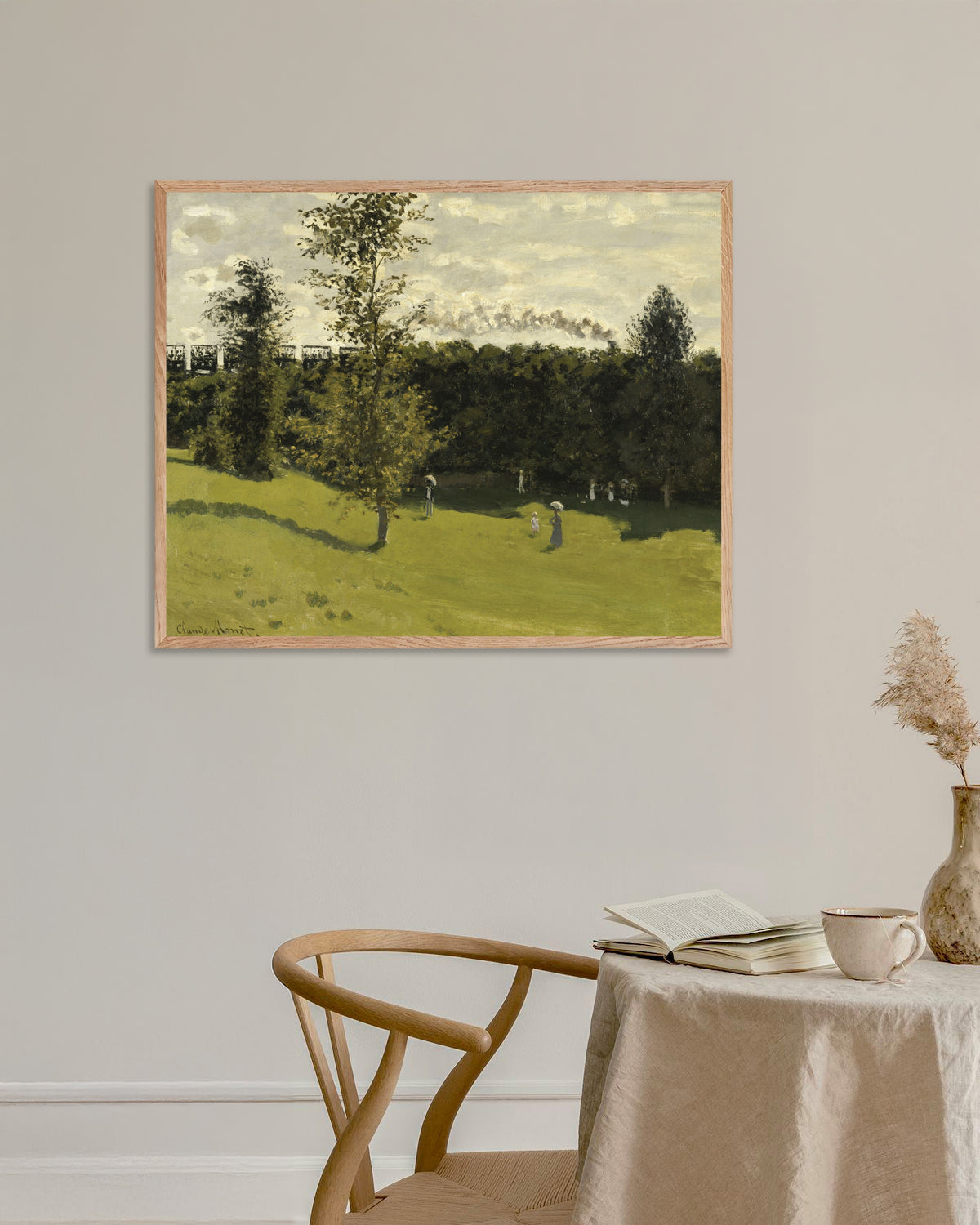 Poster of Train in the Countryside (c. 1870) by Claude Monet, with natural wooden frame