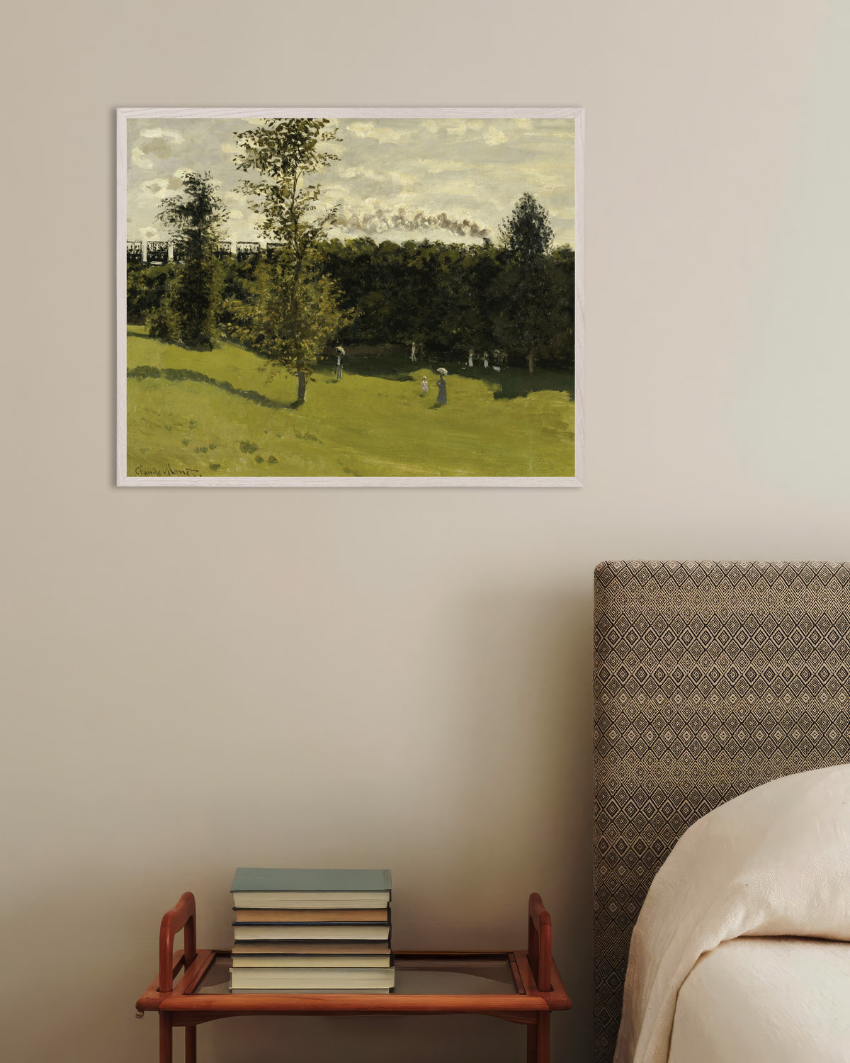 Poster of Train in the Countryside (c. 1870) by Claude Monet, with white wooden frame
