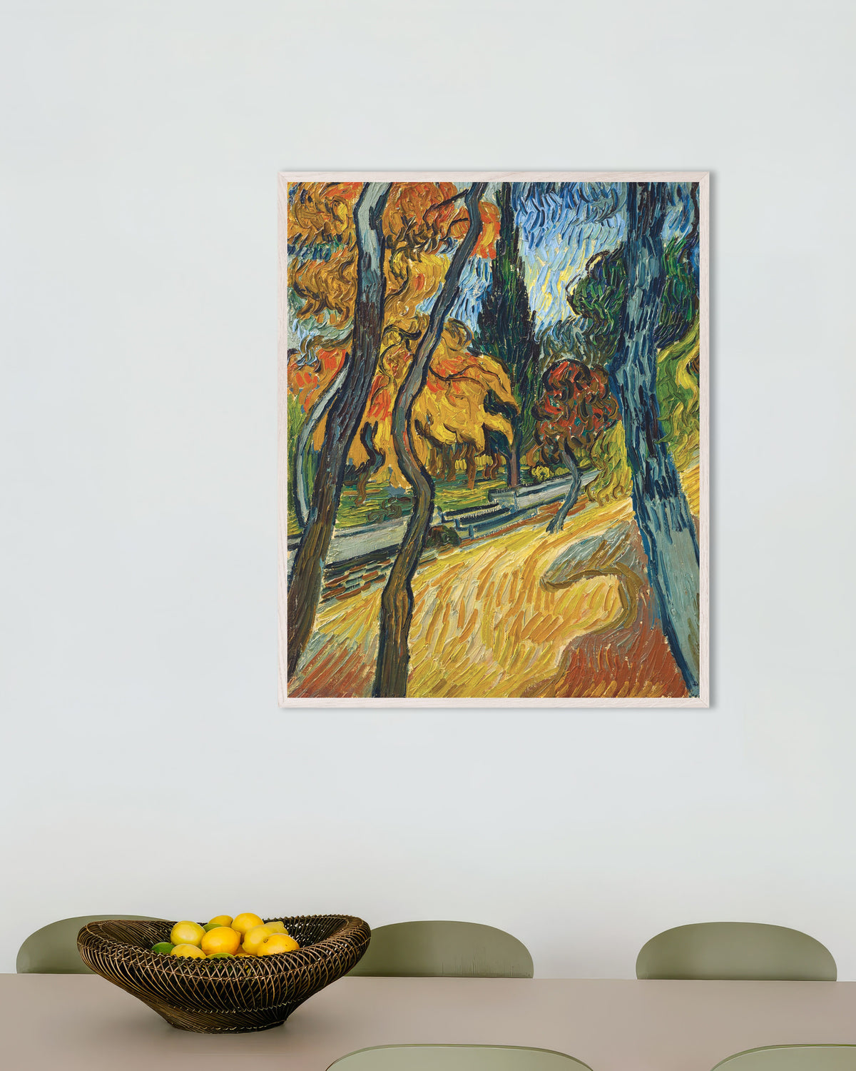 Poster of Trees in the Garden of the Asylum (1889) by Vincent van Gogh, with white wooden frame