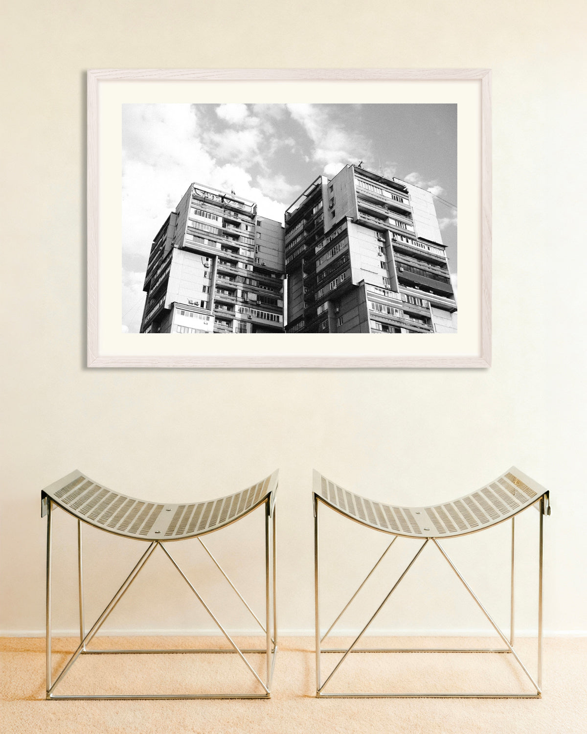 Poster of Twin Towers in the Clouds, with white wooden frame