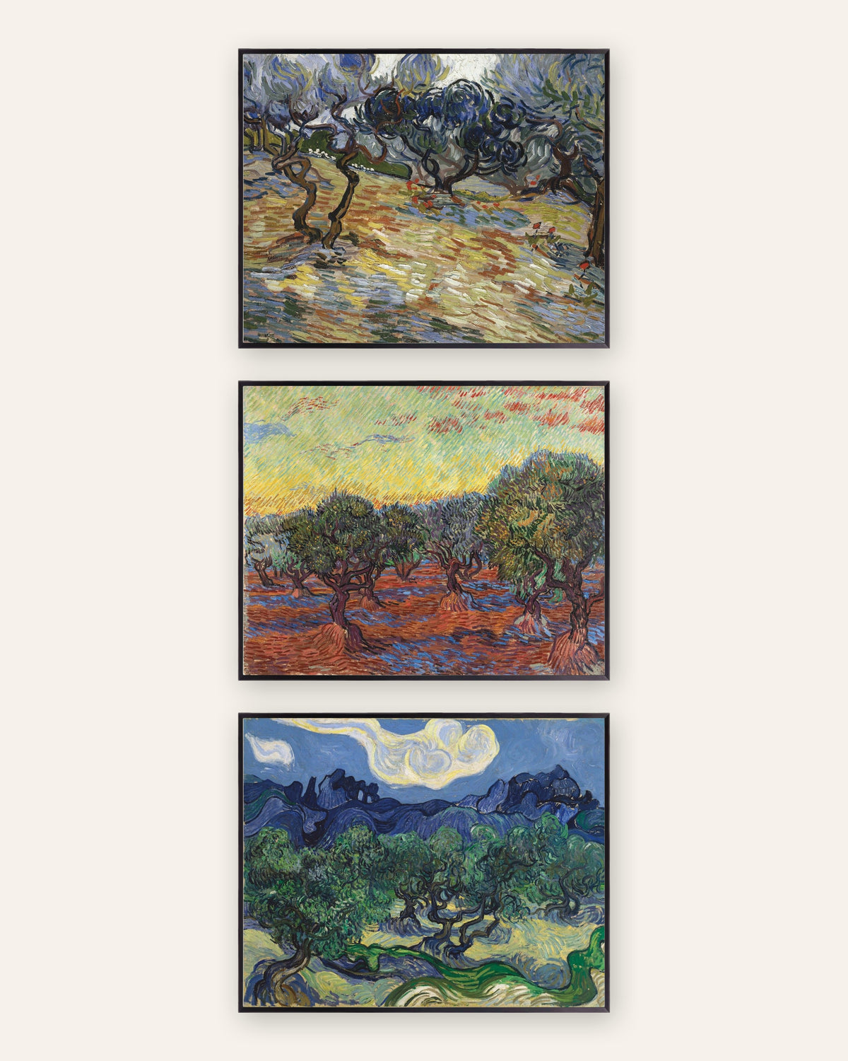 Van Gogh Olive Trees Prints Set of 3 – Saint-Rémy Olive Groves, prints in black metal frames