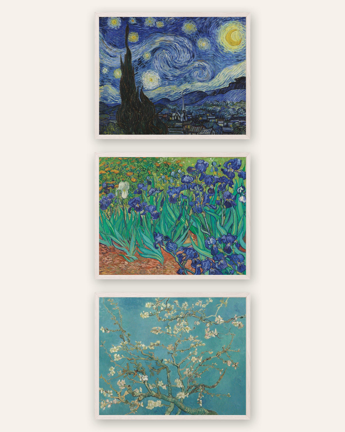 Van Gogh Prints Set of 3 – The Starry Night, Irises & Almond Blossom, prints in white oak frames