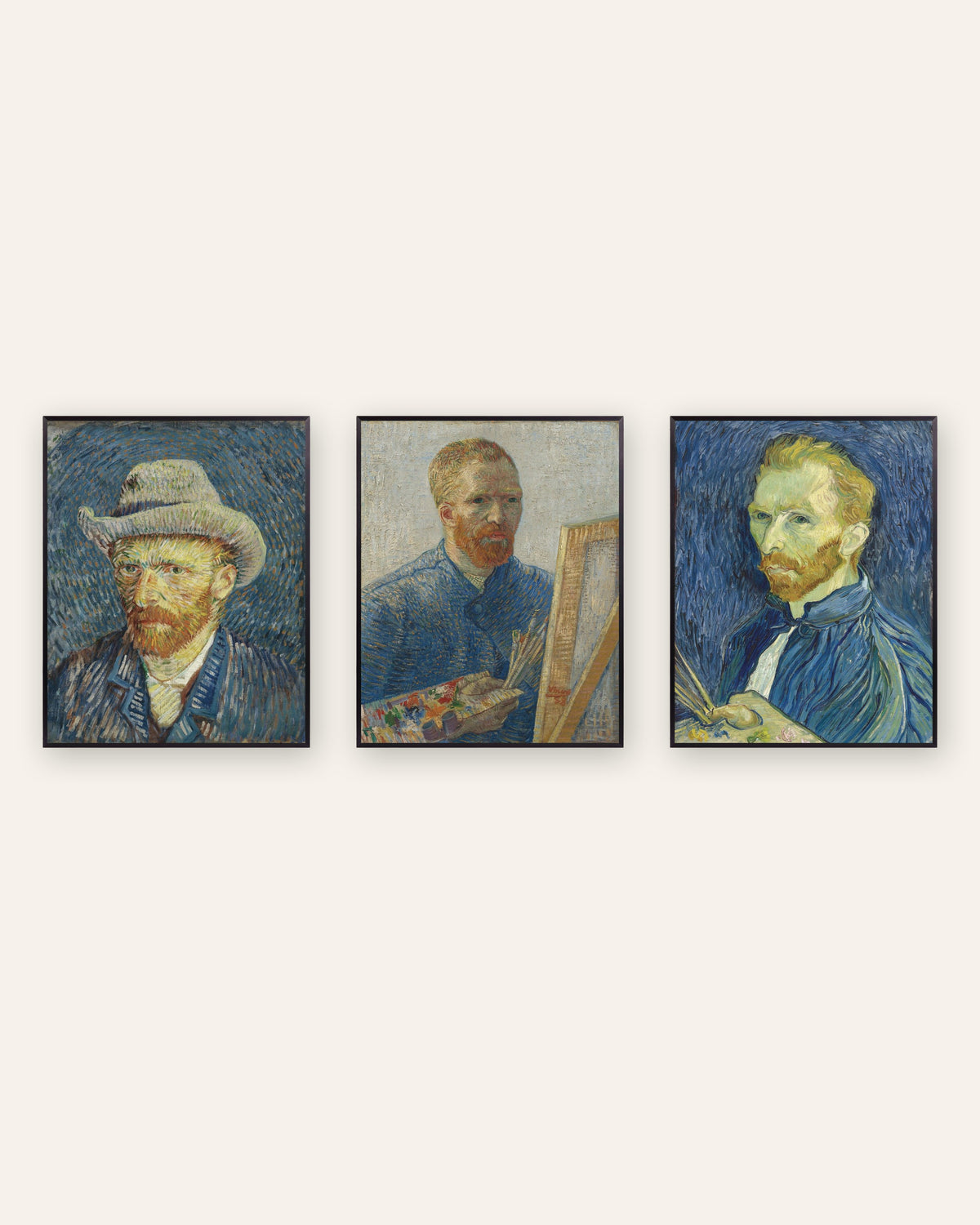 Van Gogh Self-Portrait Prints Set of 3 – Paris to Saint-Rémy, prints in black metal frames