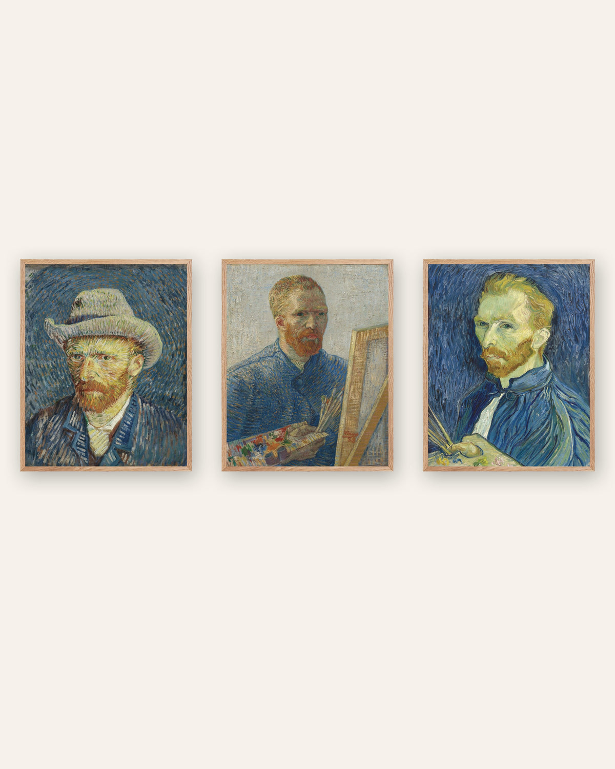 Van Gogh Self-Portrait Prints Set of 3 – Paris to Saint-Rémy, prints in natural oak frames