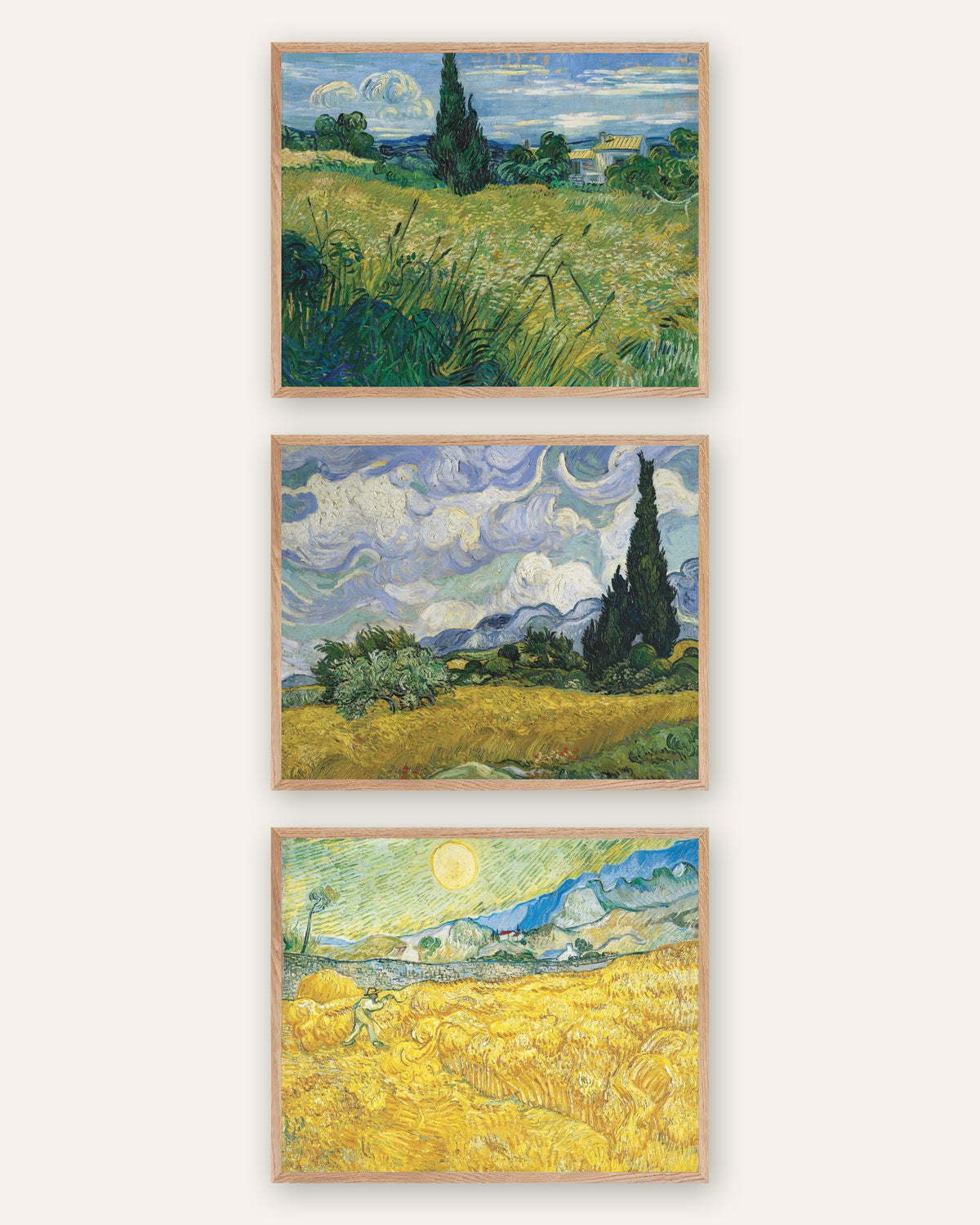 Van Gogh Wheat Field Prints Set of 3 – Cypresses & Harvest, prints in natural oak frames