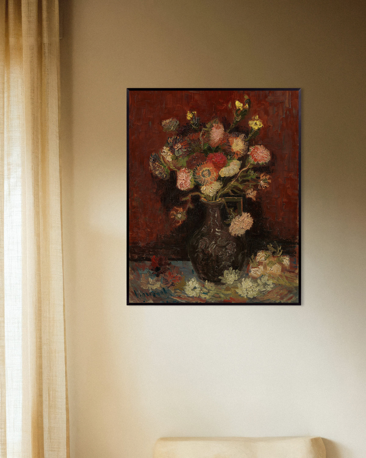 Poster of Vase with Chinese Asters and Gladioli (1886) by Vincent van Gogh, with metal frame