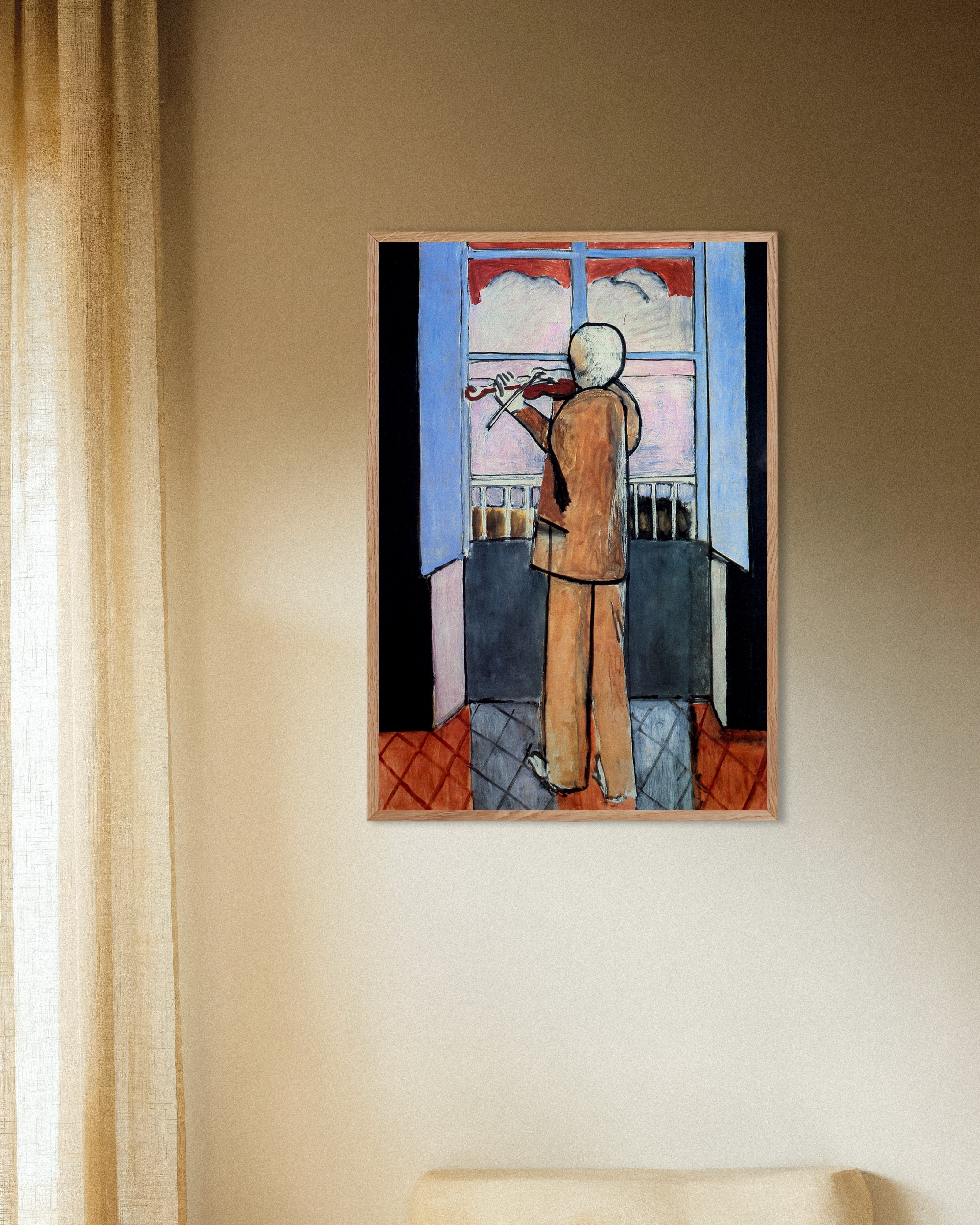 Poster of Violinist at the window (1918) by Henri Matisse, with natural wooden frame