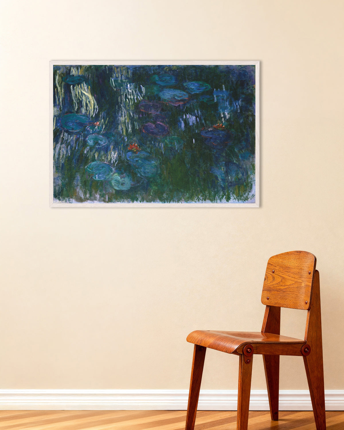 Poster of Water Lilies (1916–1919) by Claude Monet, with white wooden frame