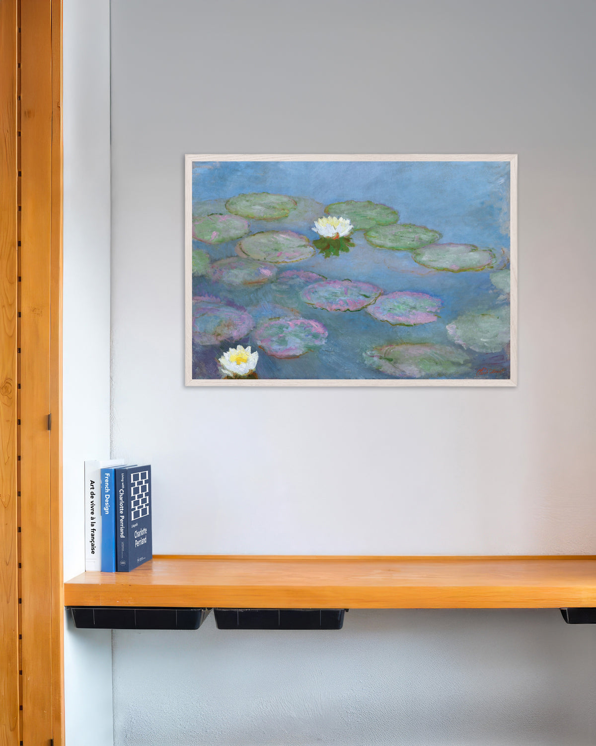 Poster of Water Lilies (c. 1897–1899) by Claude Monet, with white wooden frame