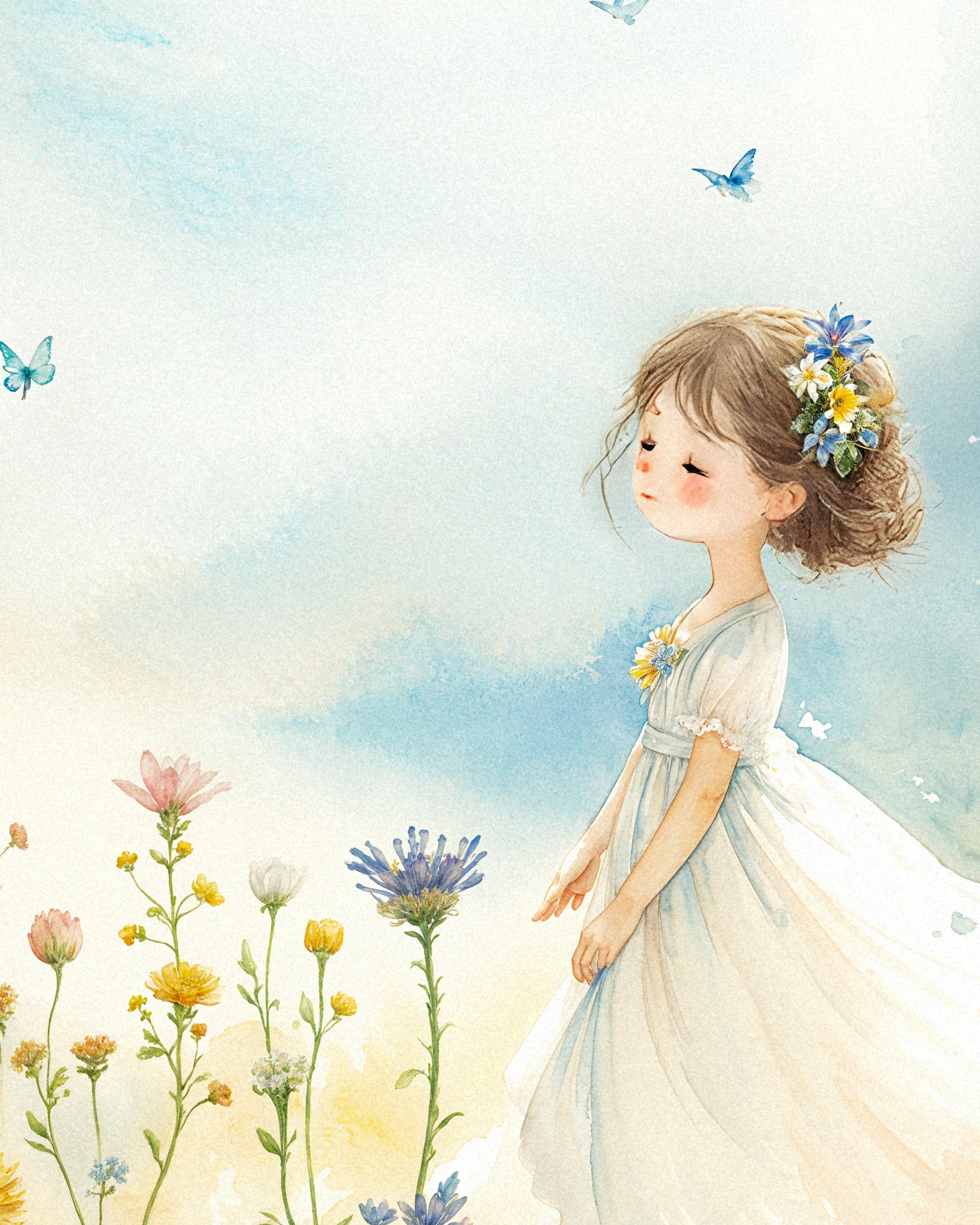 Watercolour artwork, young lady with blooms – Print