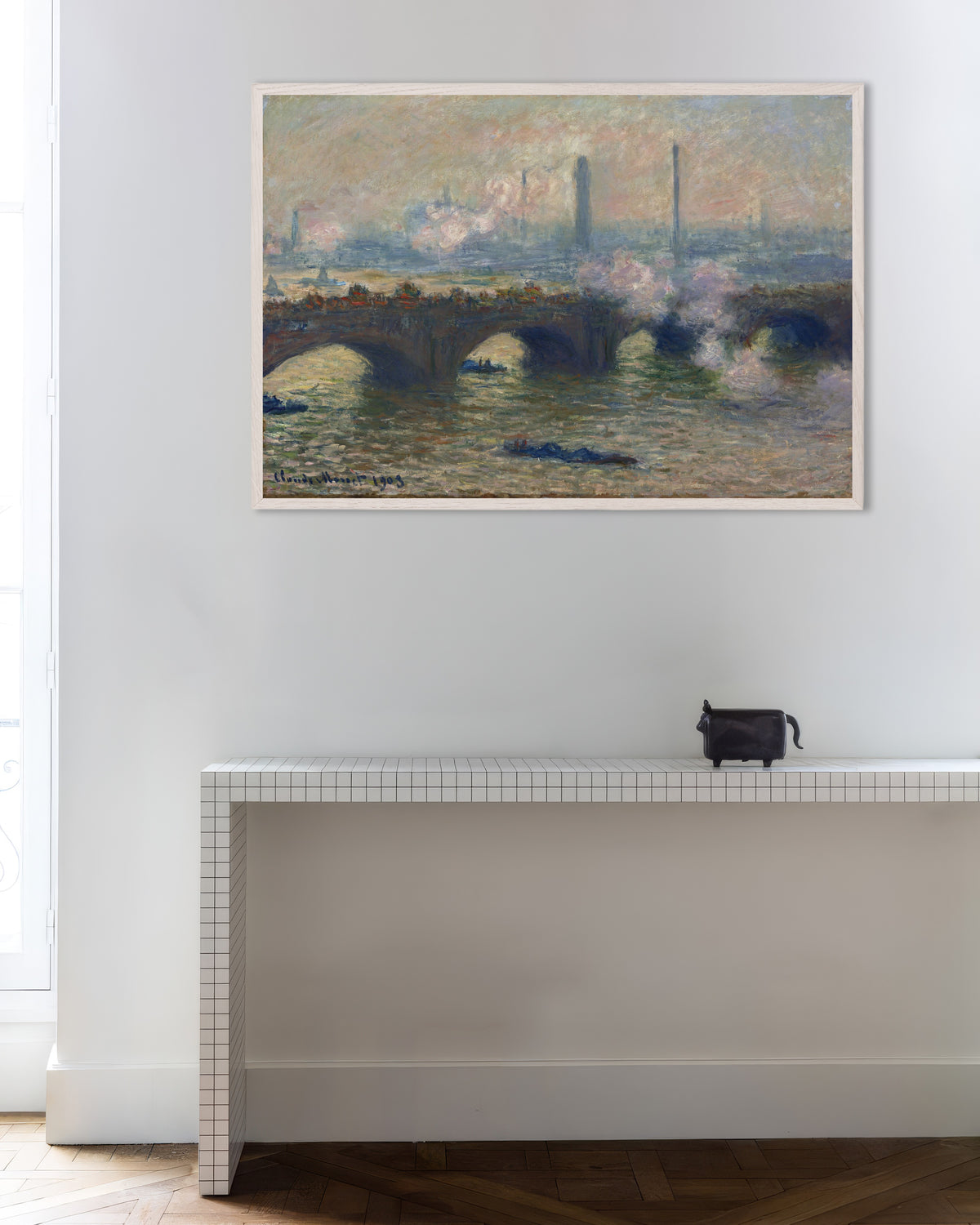 Poster of Waterloo Bridge, Gray Day (1903) by Claude Monet, with white wooden frame