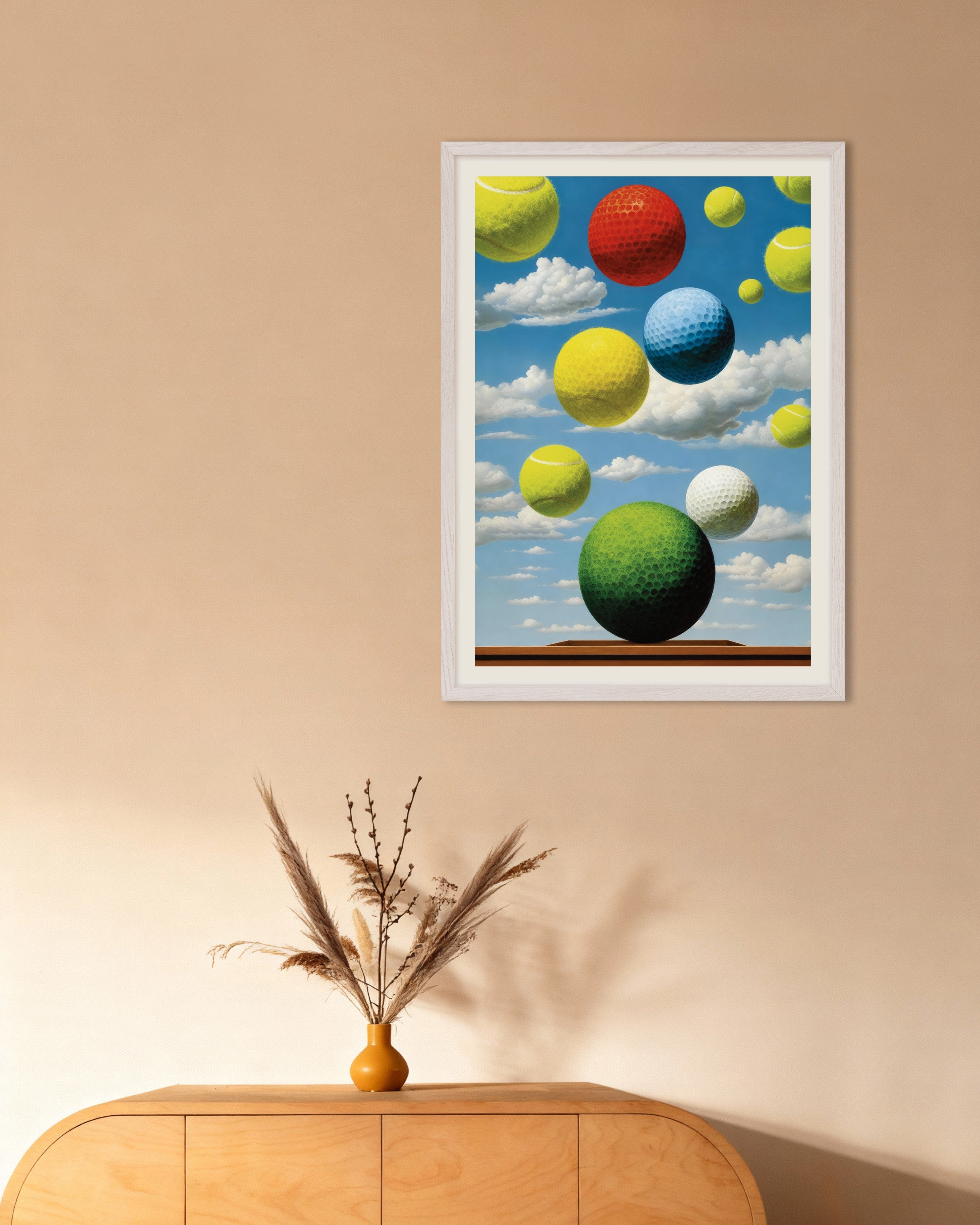 Poster of We love tennis and golf, poster – Surreal sports art print, with white wooden frame