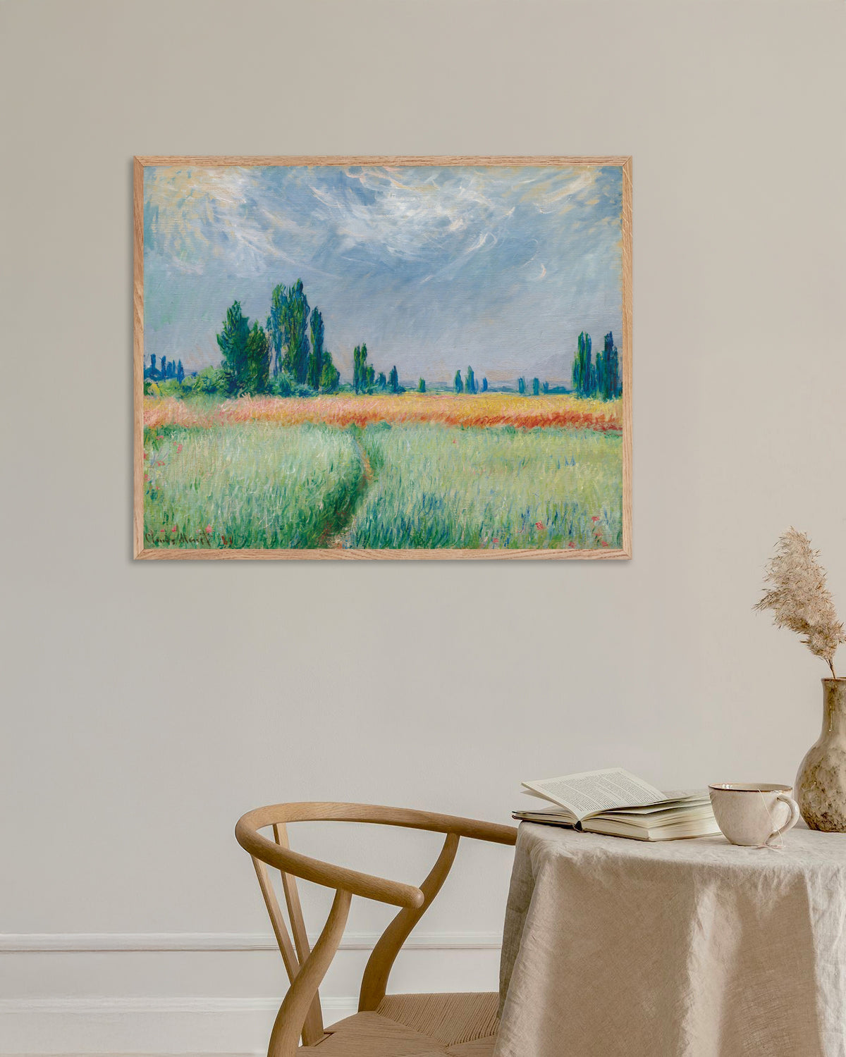 Poster of Wheat Field (1881) by Claude Monet, with natural wooden frame