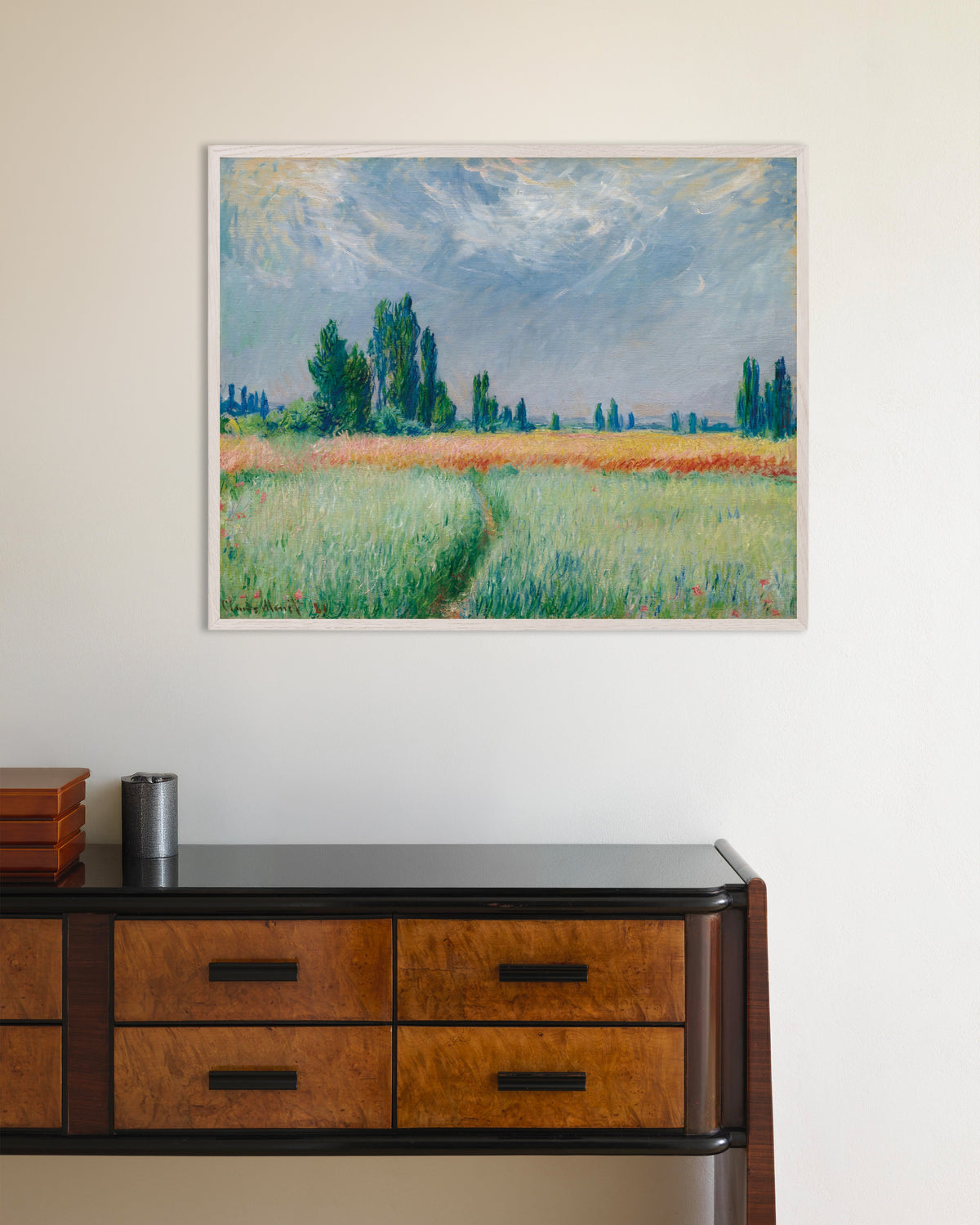 Poster of Wheat Field (1881) by Claude Monet, with white wooden frame