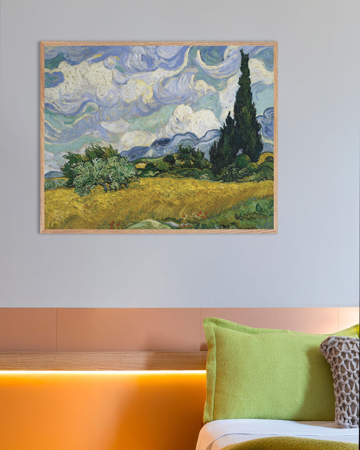 Poster of Wheat Field with Cypresses (1889) by Vincent van Gogh, with natural wooden frame