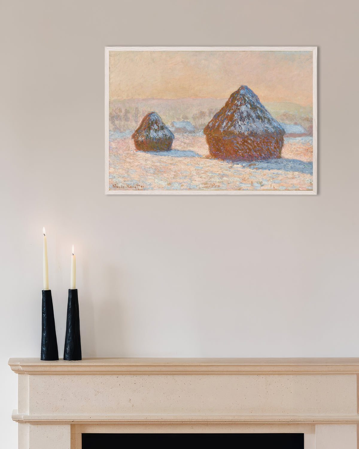 Poster of Wheatstacks, Snow Effect, Morning (1891) by Claude Monet, with white wooden frame