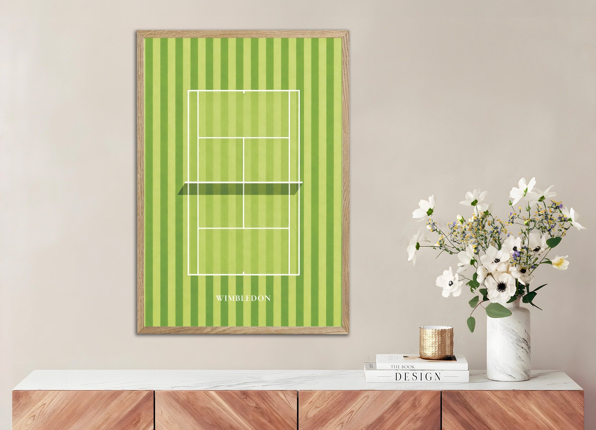 Poster of Wimbledon poster – Grass court tennis art print, with natural wooden frame
