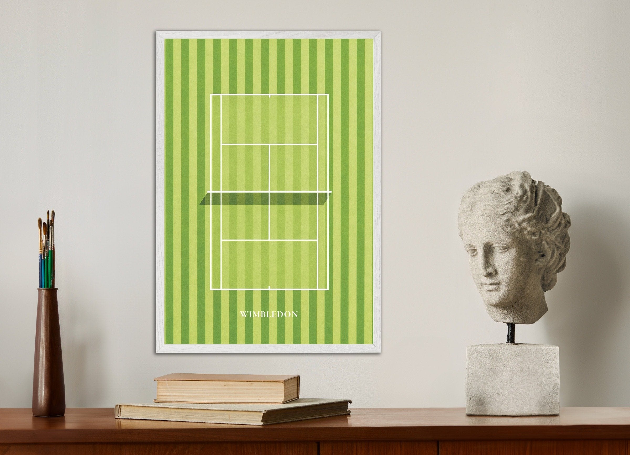 Poster of Wimbledon poster – Grass court tennis art print, with white wooden frame