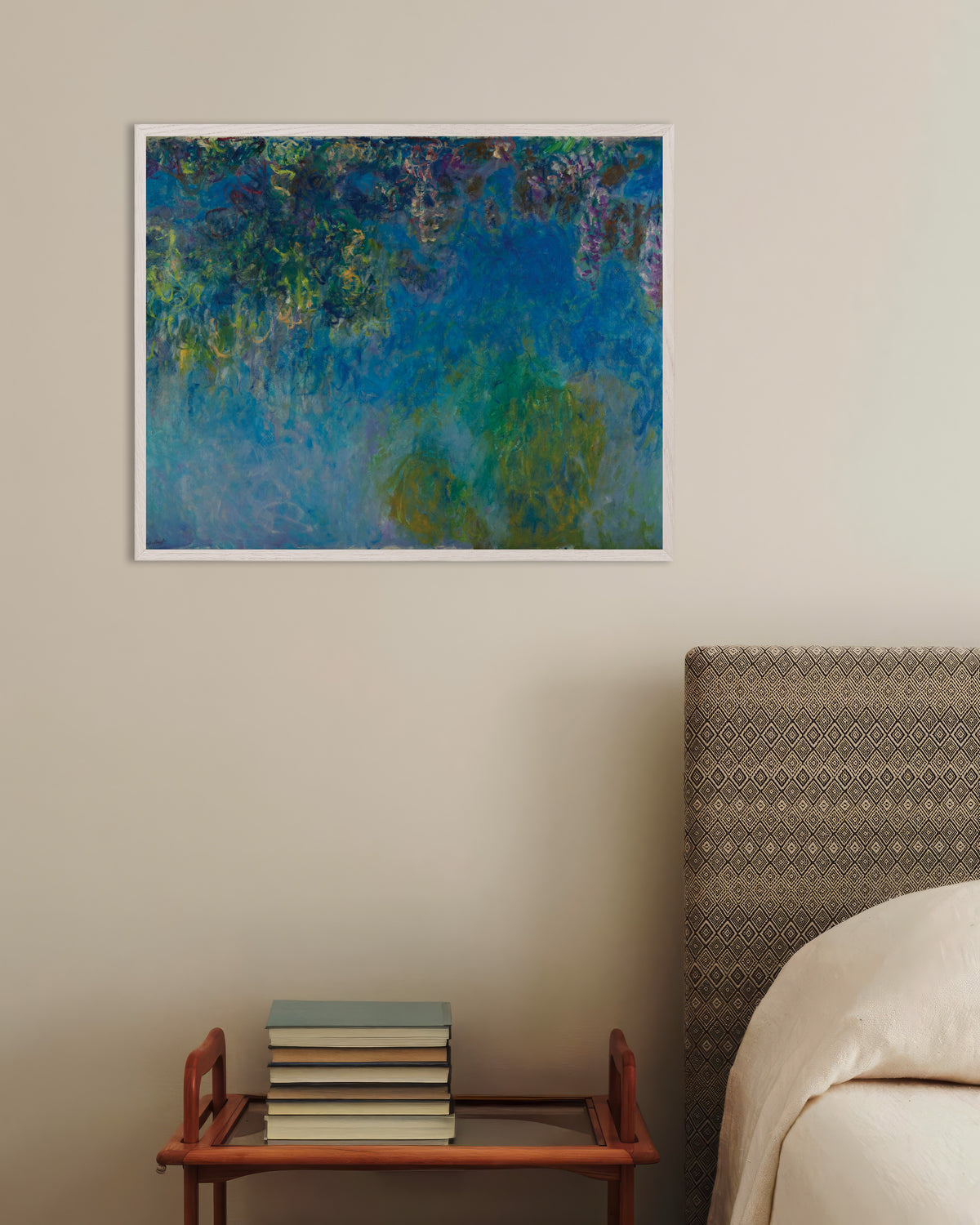Poster of Wisteria (c. 1925) by Claude Monet, with white wooden frame