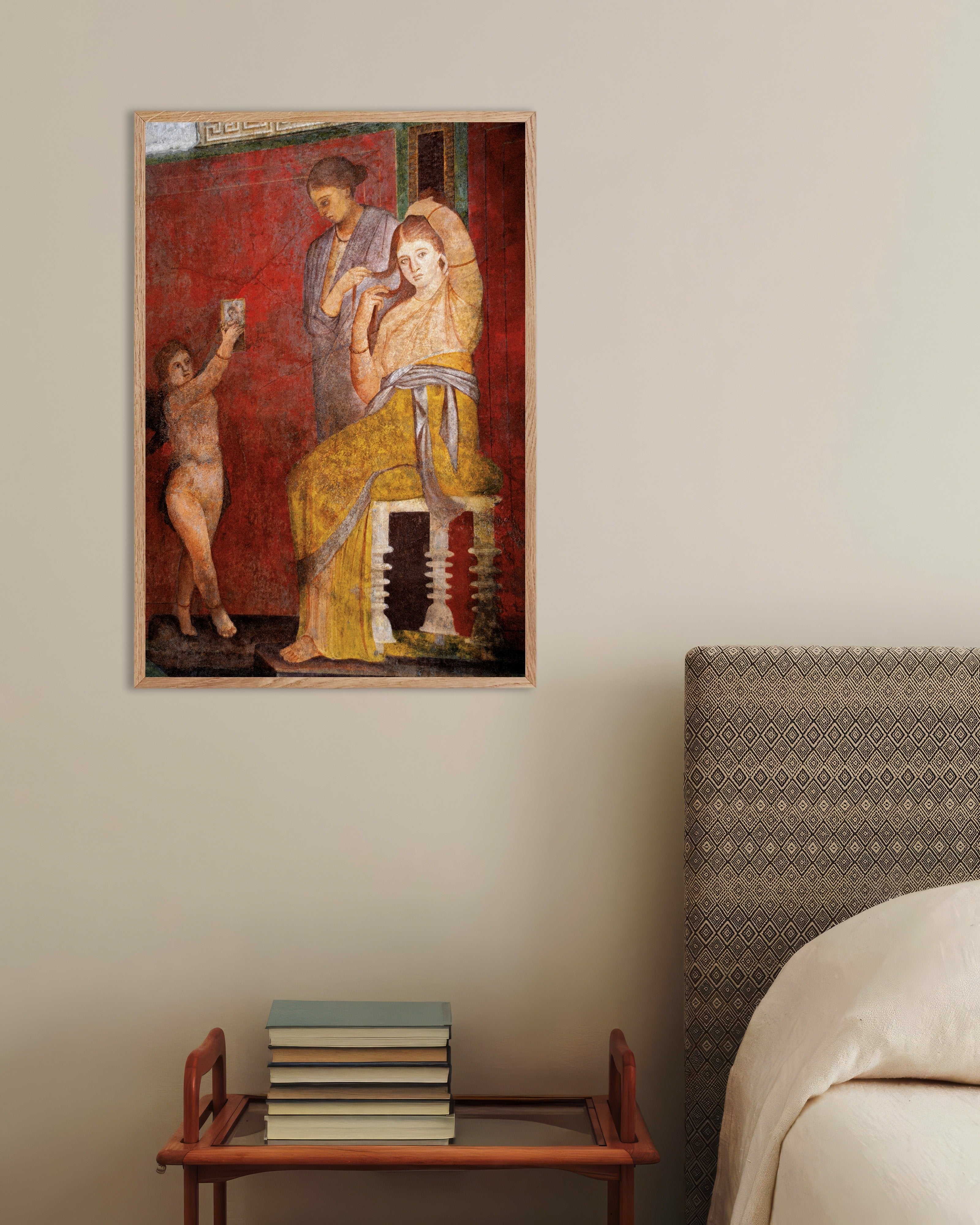 Poster of Woman having hair done fresco poster, with natural wooden frame