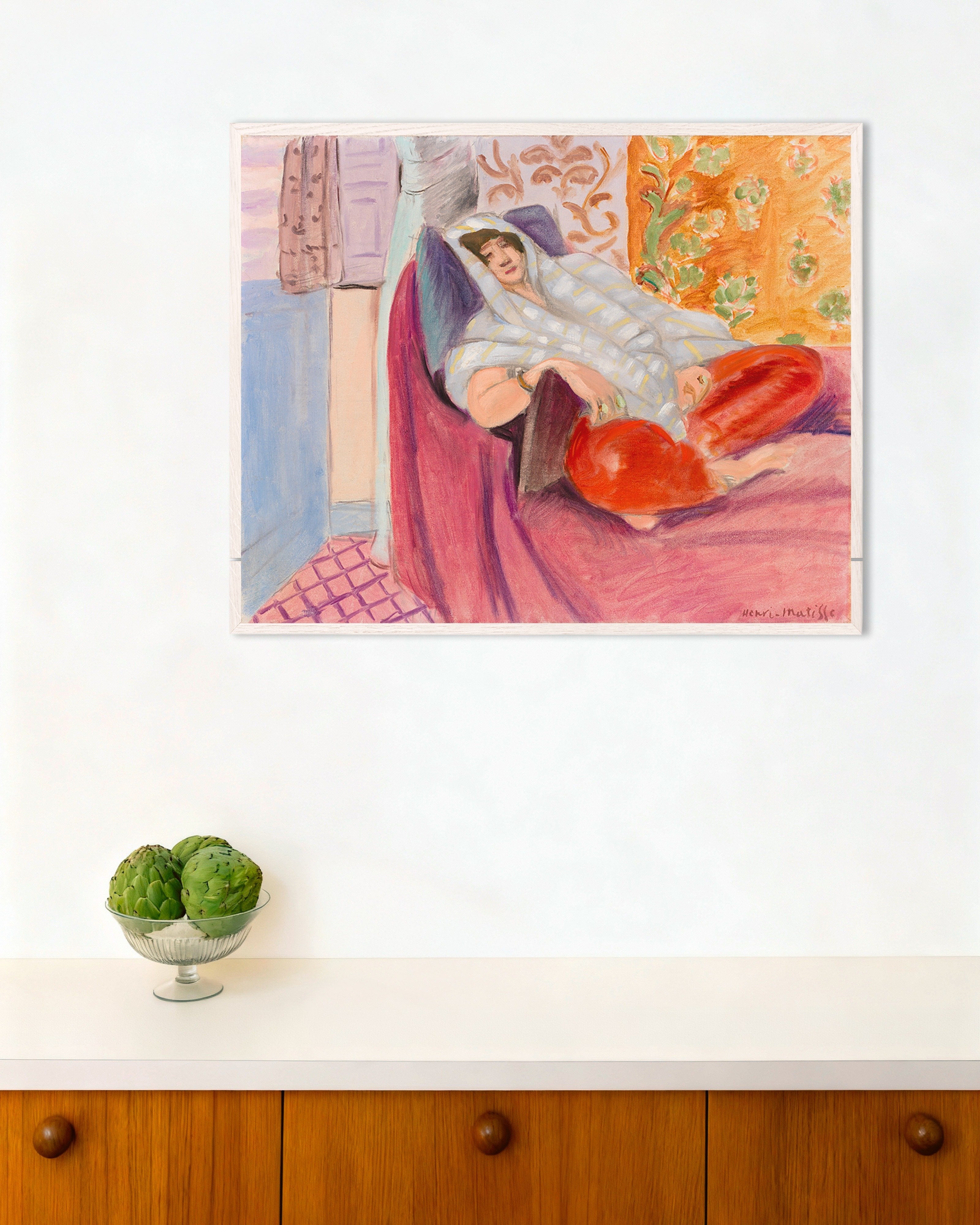 Poster of Woman reclining (1921) by Henri Matisse, with white wooden frame