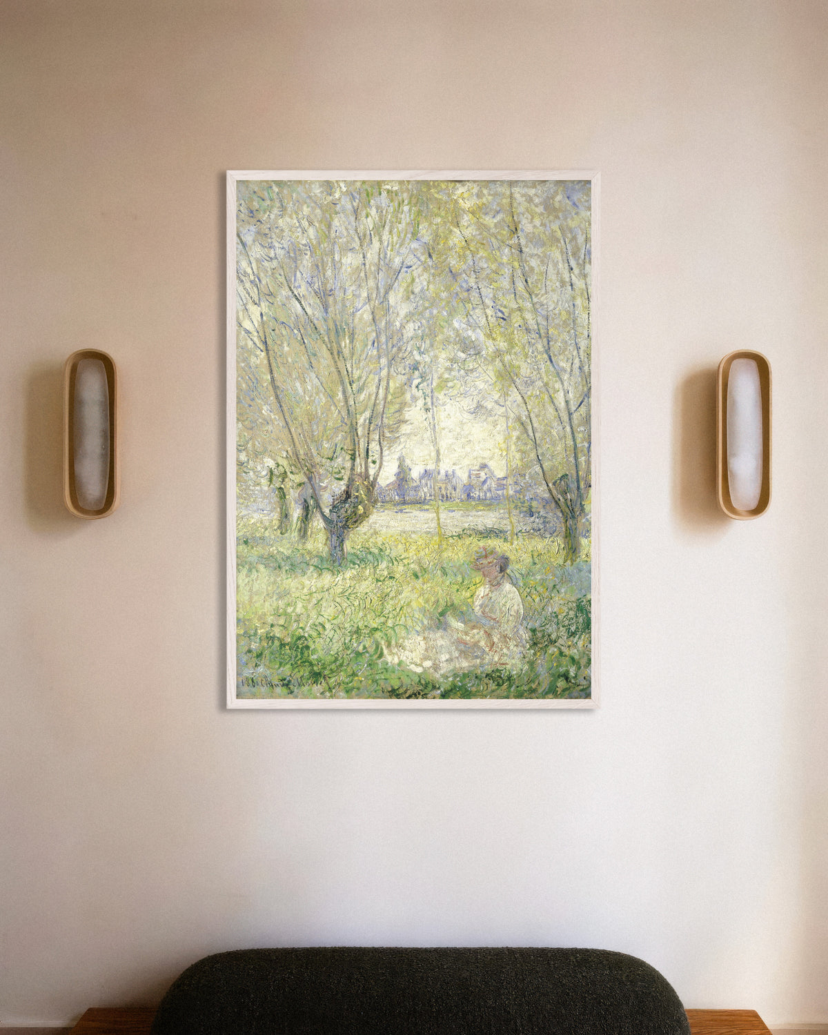 Poster of Woman Seated under the Willows (1880) by Claude Monet, with white wooden frame