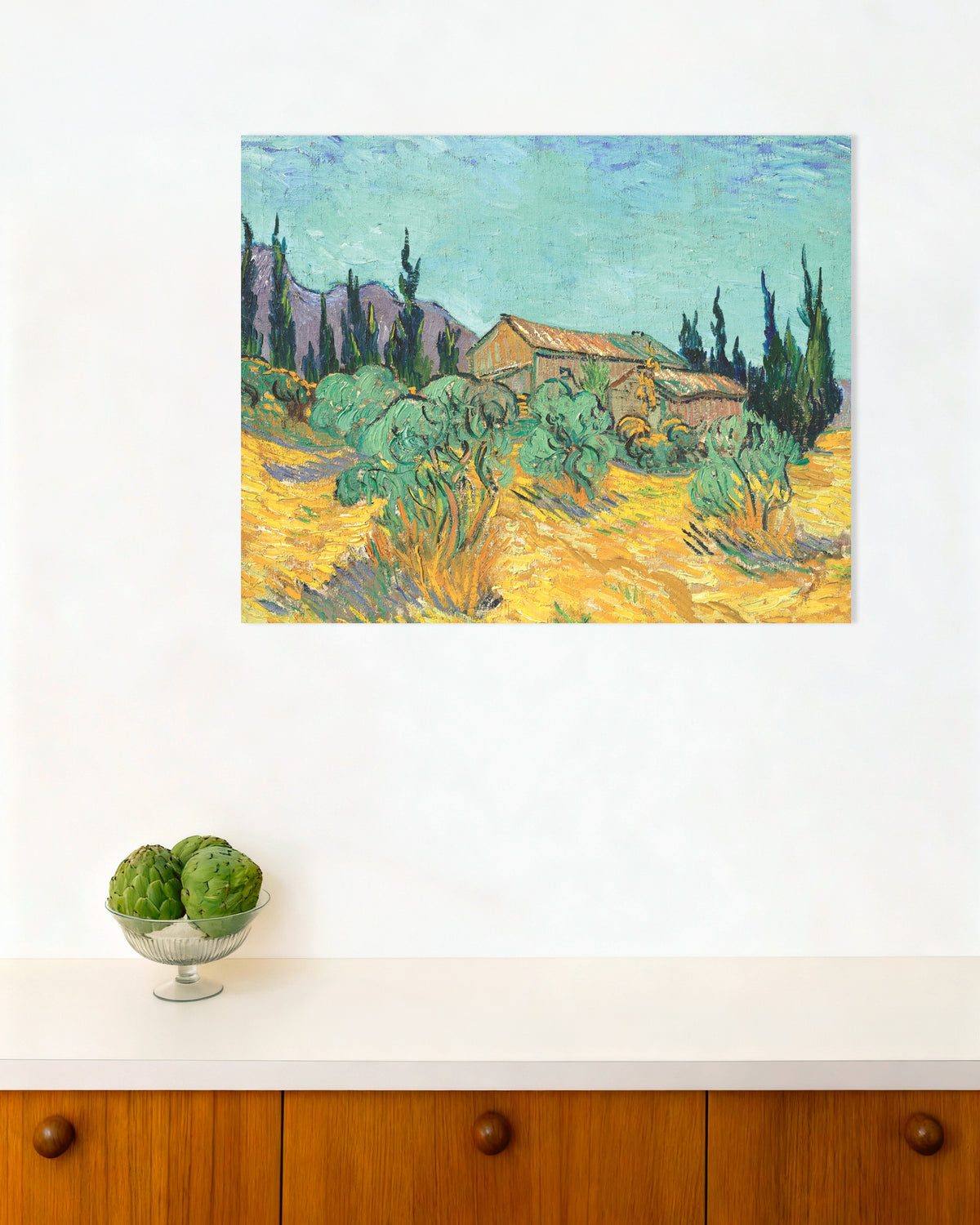 Poster of Wooden Huts among Olive Trees and Cypresses (1889) by Vincent van Gogh
