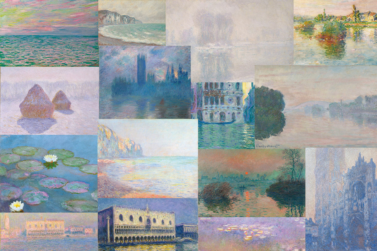 Patchwork of fifteen paintings by Claude Monet: sunsets and misty mornings on the Seine and at Pourville, haystacks in the snow, Rouen Cathedral, the Houses of Parliament, the Doge’s Palace and the Palazzo Dario in Venice, and water lilies