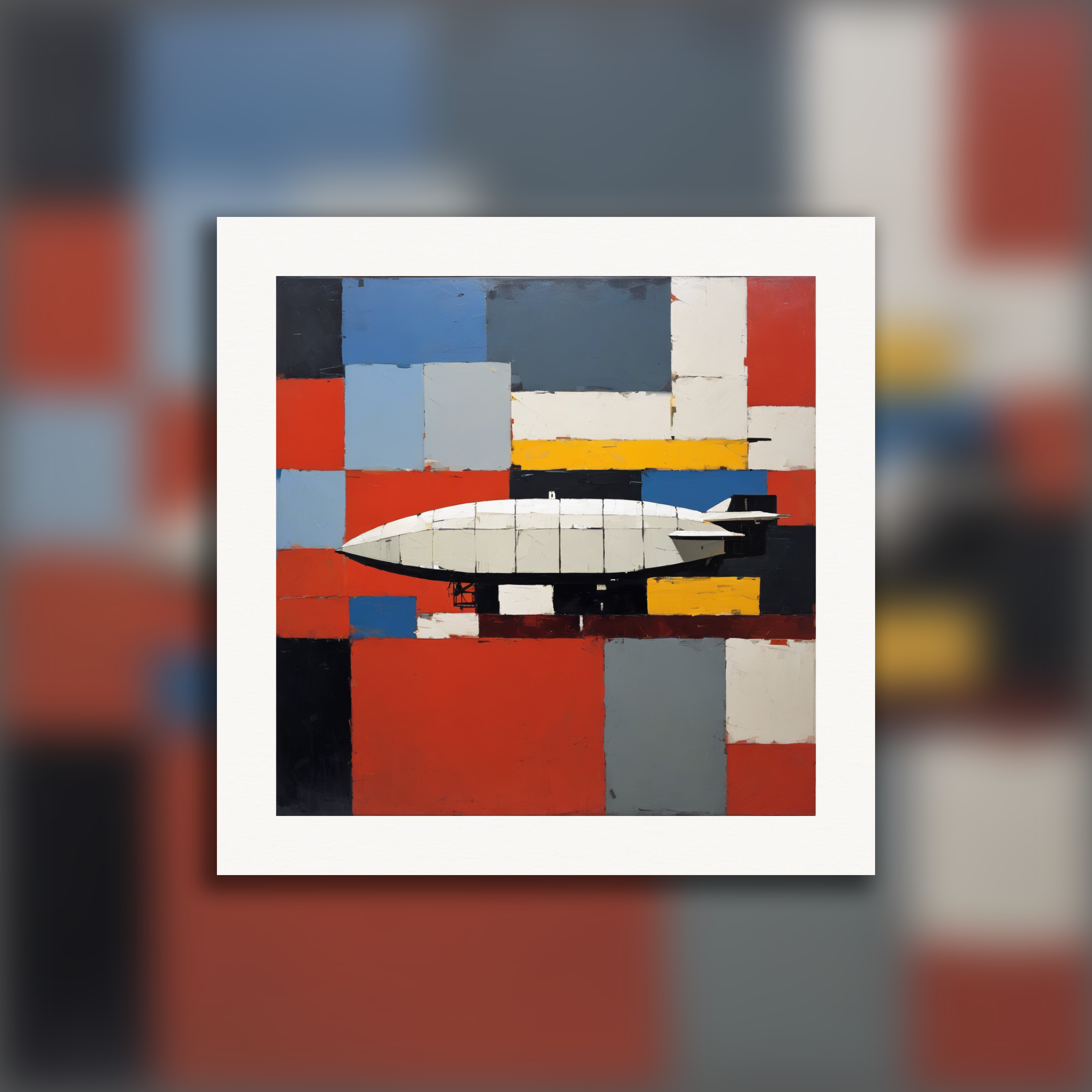 Abstract figurative art featuring bold, textured geometric forms alongside an airship – Print poster