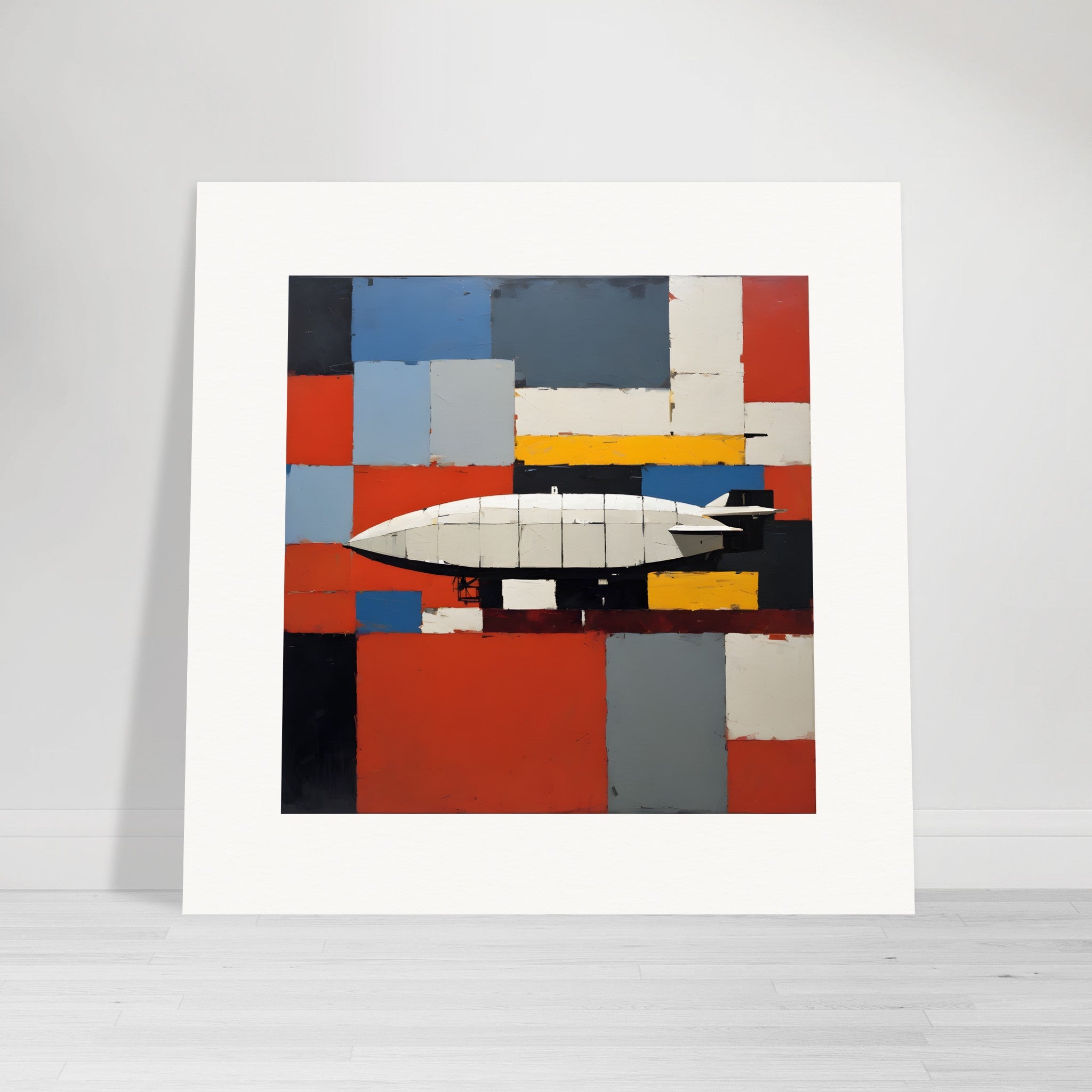 Abstract figurative art featuring bold, textured geometric forms alongside an airship – Print poster