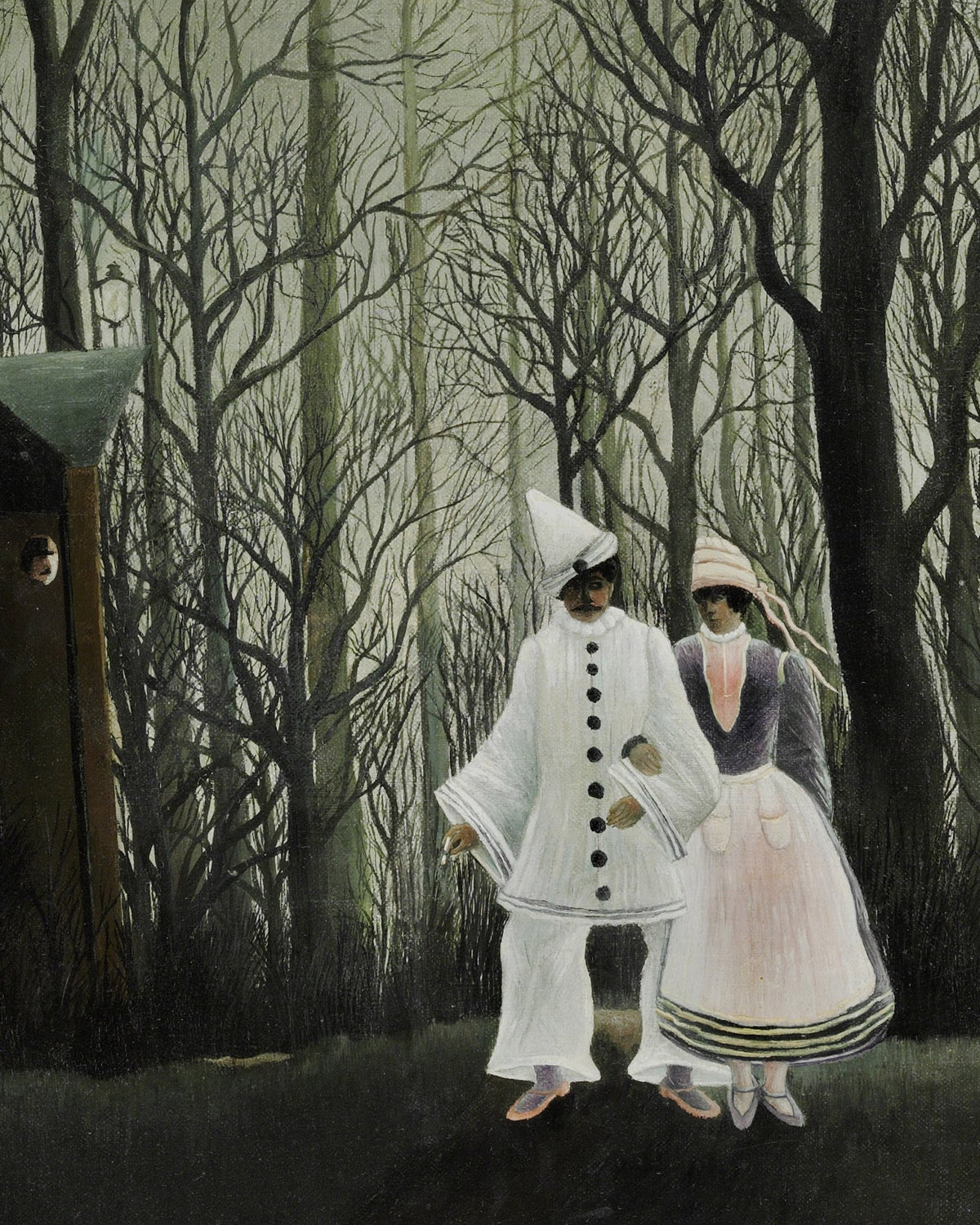 A surreal painting of two figures in a dark, leafless forest. One figure wears a white button-front outfit with a pointed white hat, and the other wears a pale pink and gray dress.