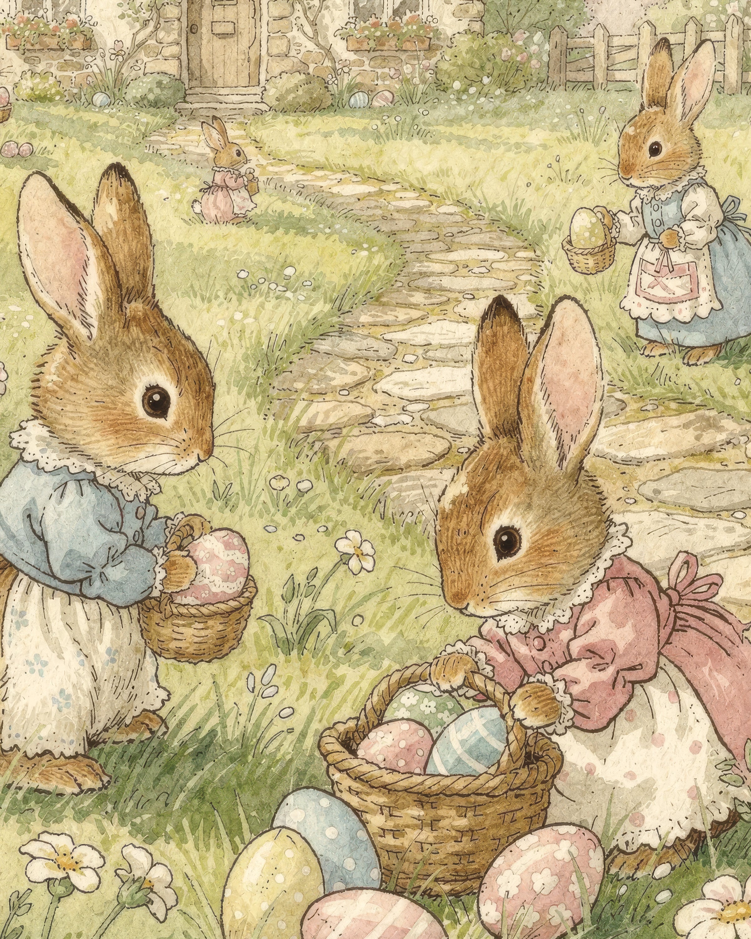 Easter Bunnies at the Cottage - Poster