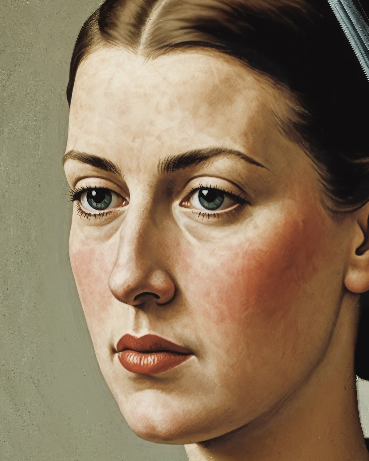Close-up portrait of a young woman with blue eyes looking away