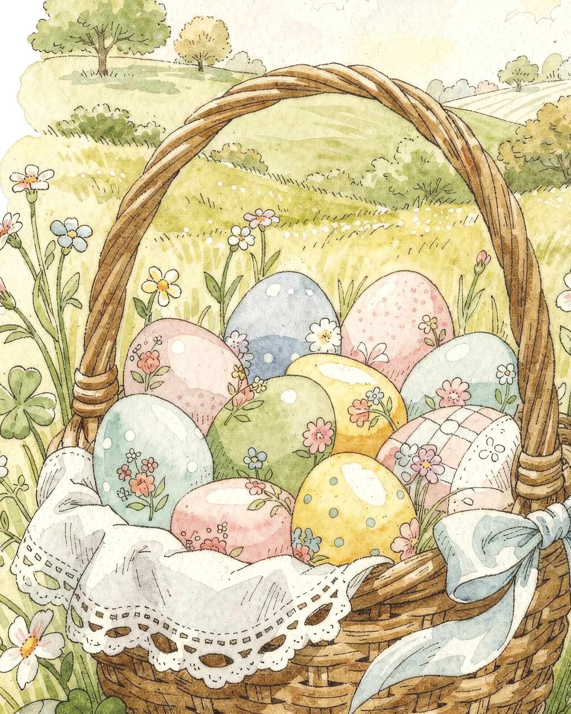 Easter Basket Meadow - Pastel Watercolour Poster
