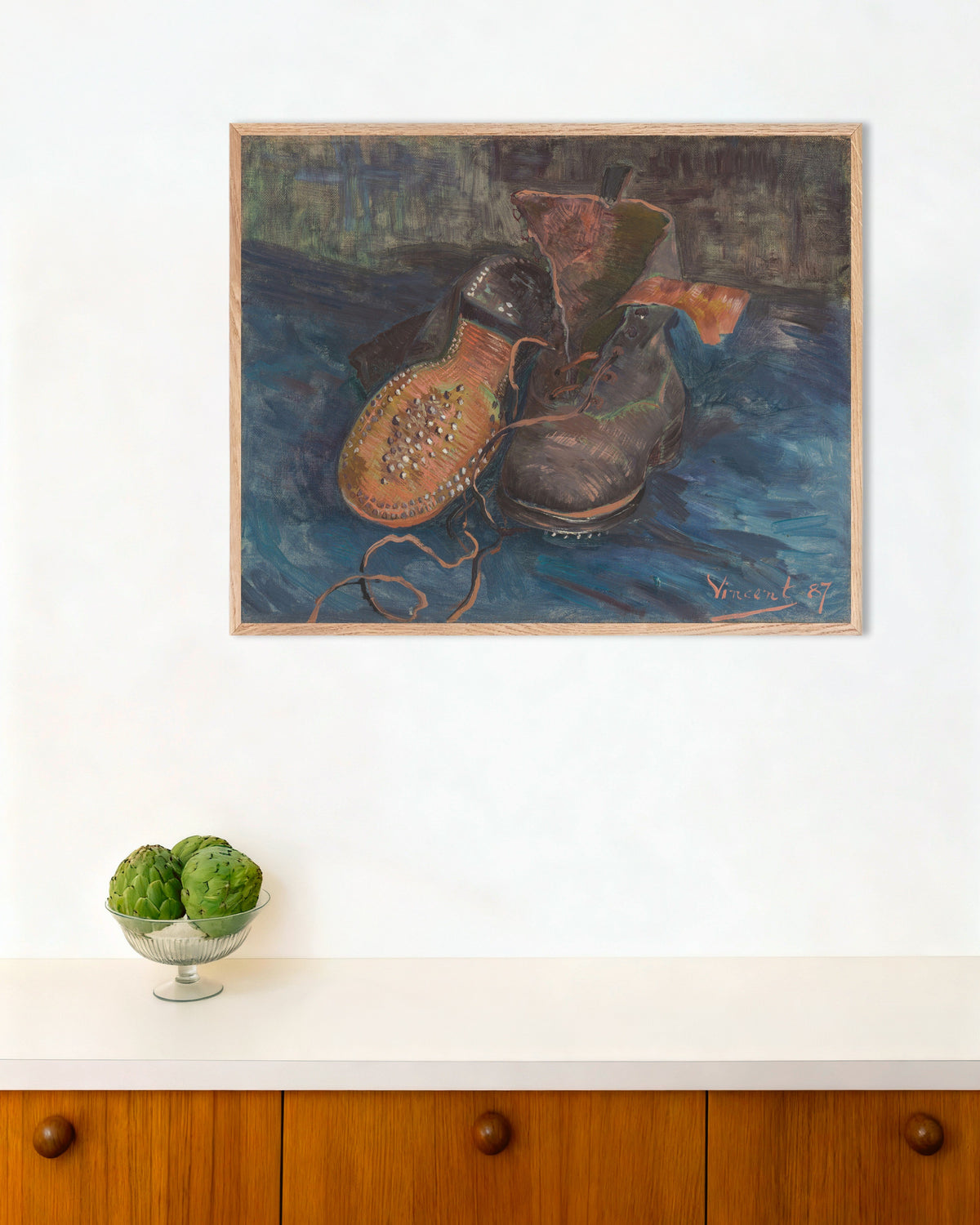 Poster of A Pair of Boots (1887) by Vincent van Gogh, with natural wooden frame