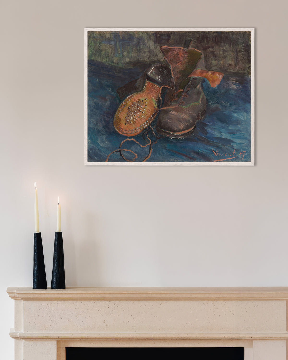 Poster of A Pair of Boots (1887) by Vincent van Gogh, with white wooden frame