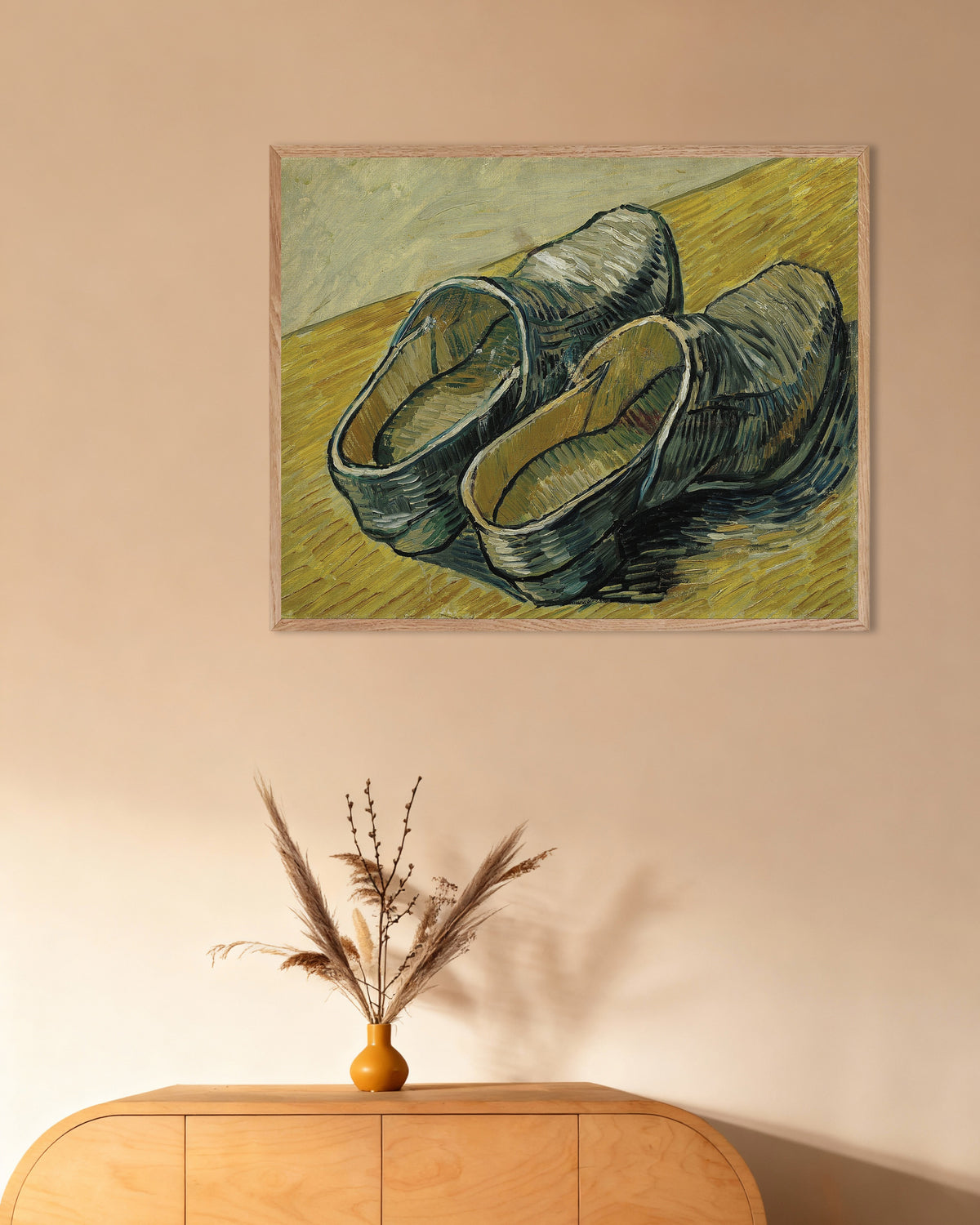 Poster of A Pair of Leather Clogs (1888) by Vincent van Gogh, with natural wooden frame