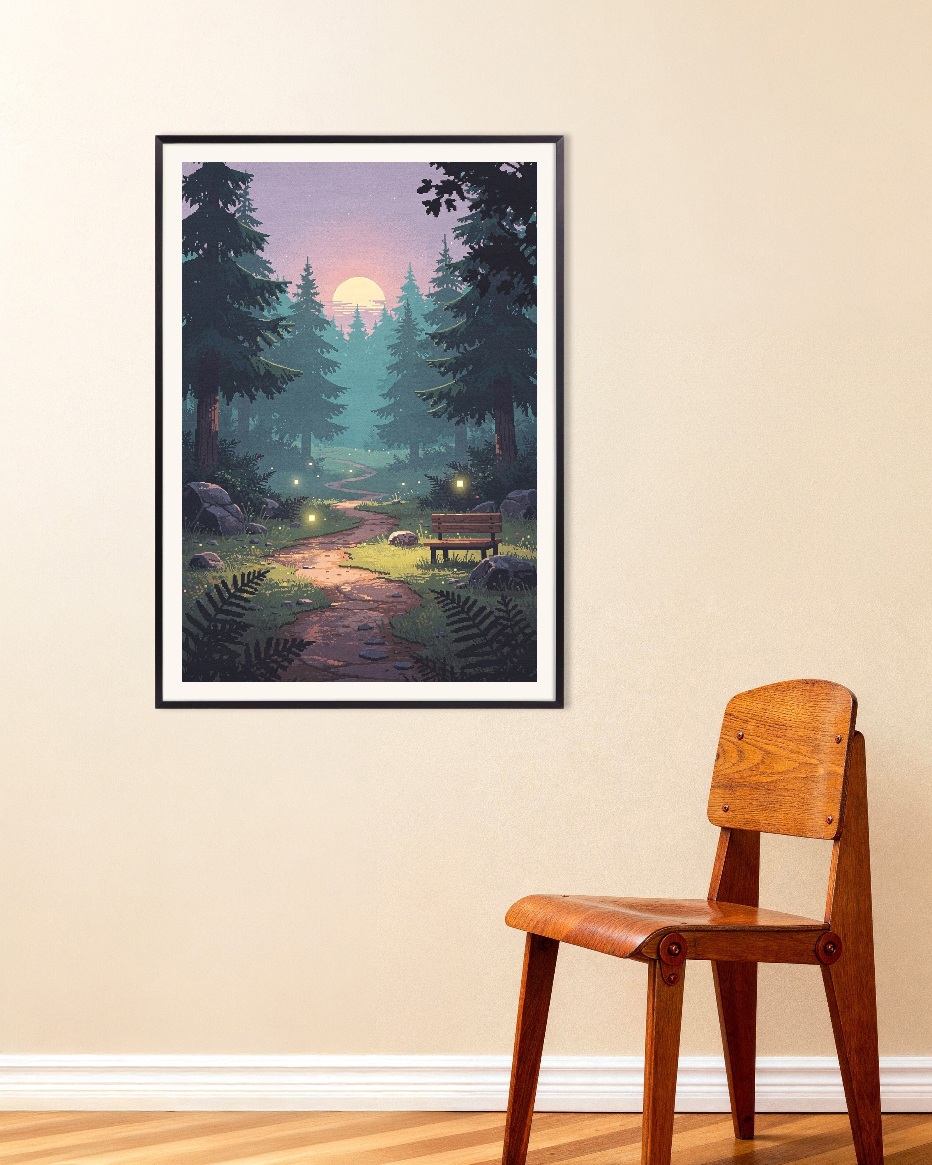 Poster of A Walk in the Forest - Pixel Art Twilight Path, with metal frame