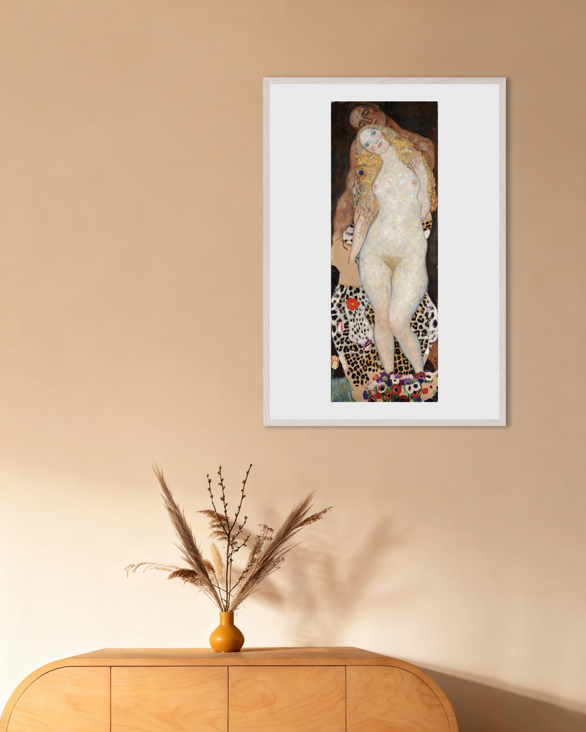 Poster of Adam and Eve (1917–1918) by Gustav Klimt, with white wooden frame