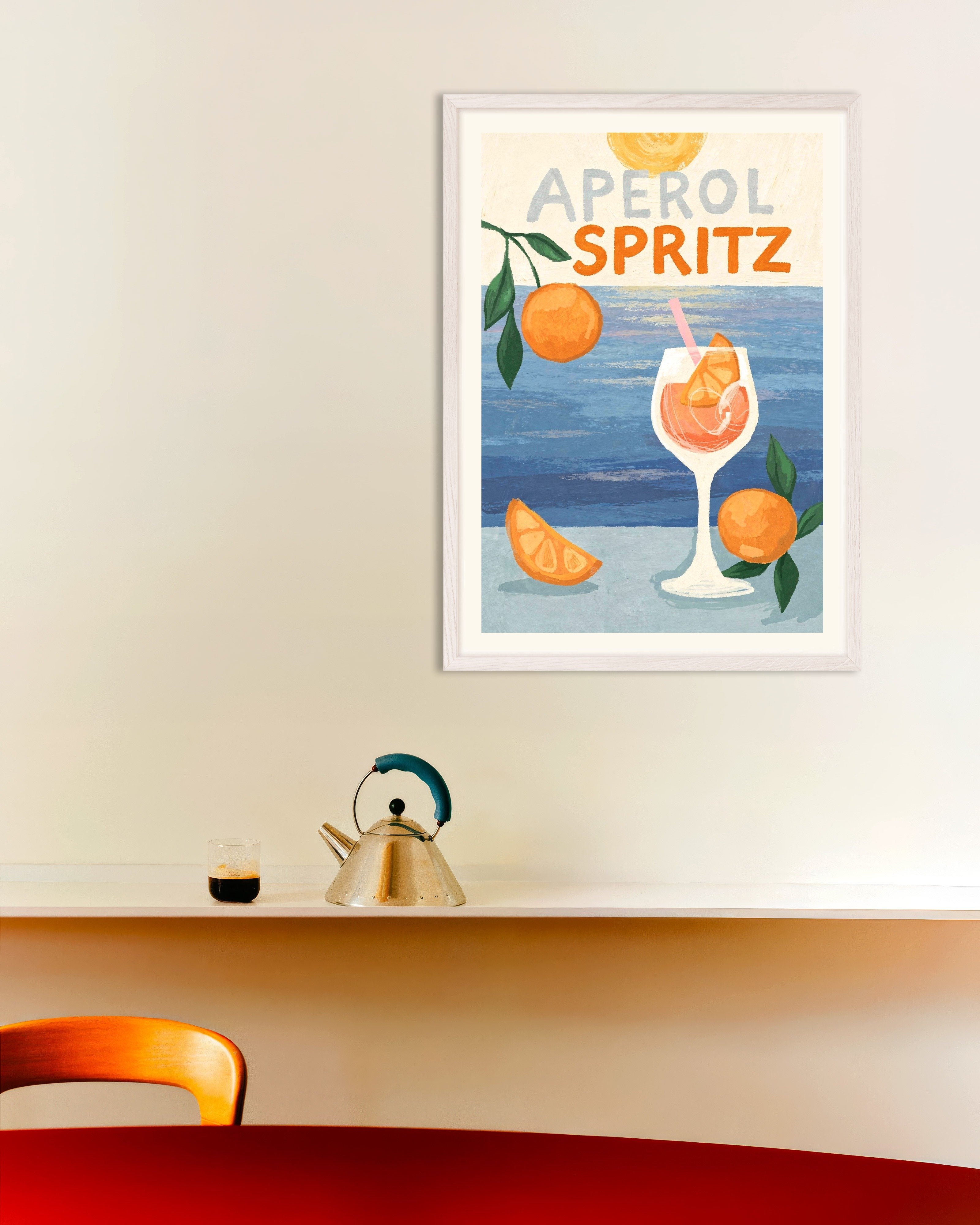 Poster of Aperol Spritz at Sunset - Cocktail Poster, with white wooden frame