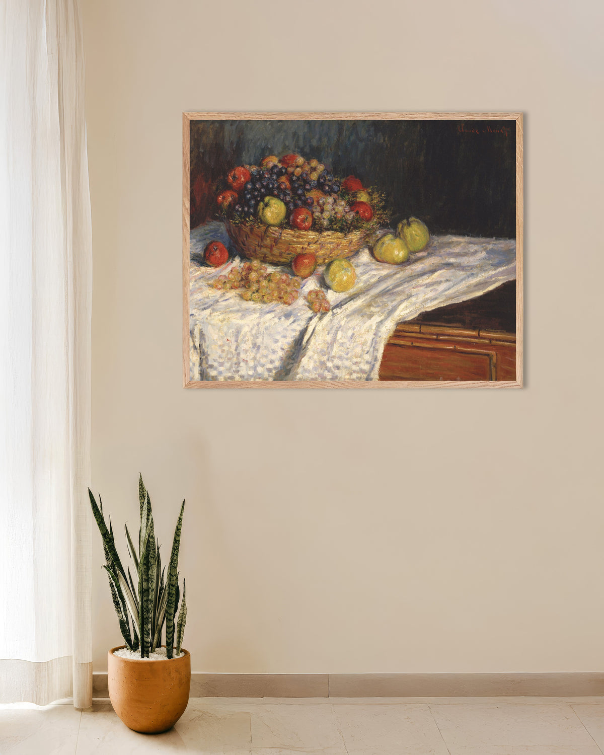 Poster of Apples and Grapes (1879–1880) by Claude Monet, with natural wooden frame