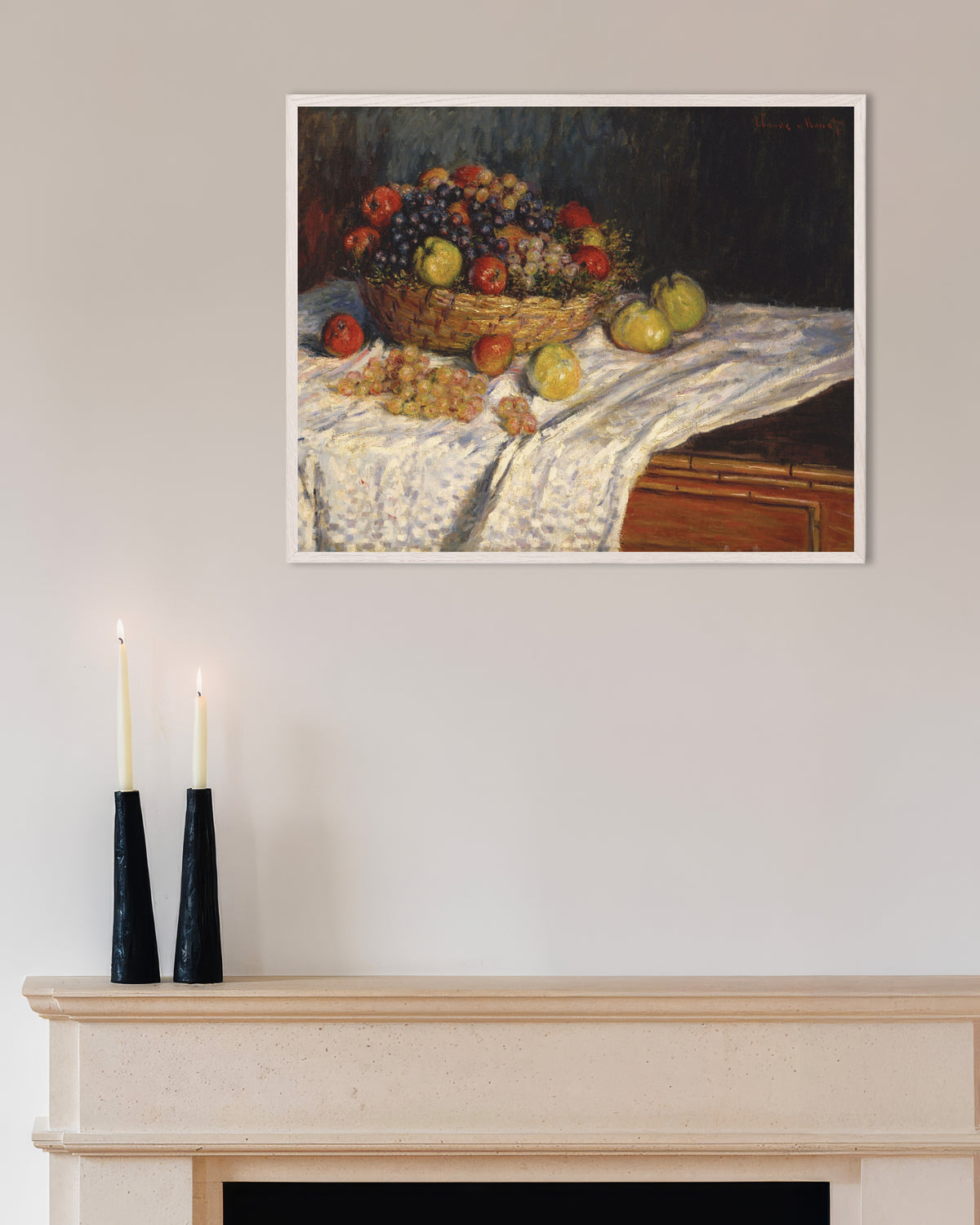 Poster of Apples and Grapes (1879–1880) by Claude Monet, with white wooden frame