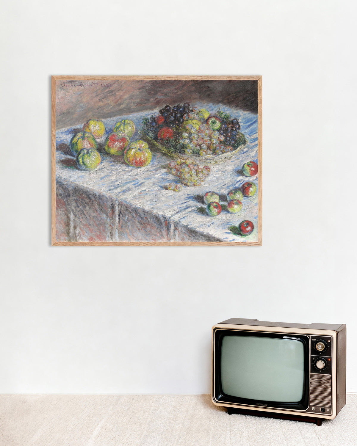 Poster of Apples and Grapes (1880) by Claude Monet, with natural wooden frame