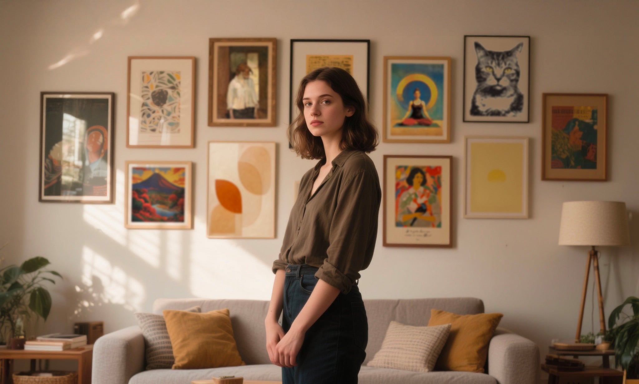 Woman standing in a living room with colorful artwork on the wall