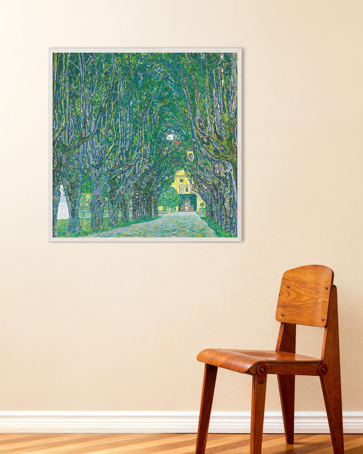 Poster of Avenue to Schloss Kammer (1912) by Gustav Klimt, with white wooden frame
