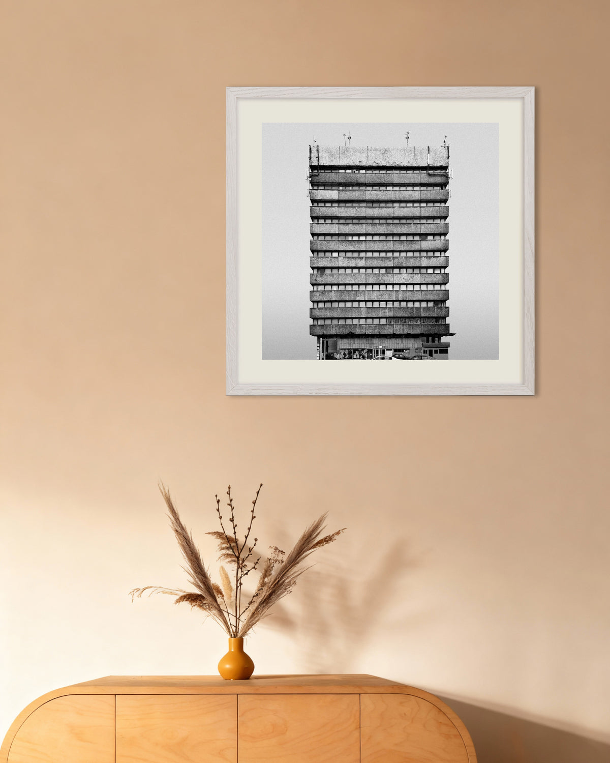 Poster of Banded Office Tower, with white wooden frame