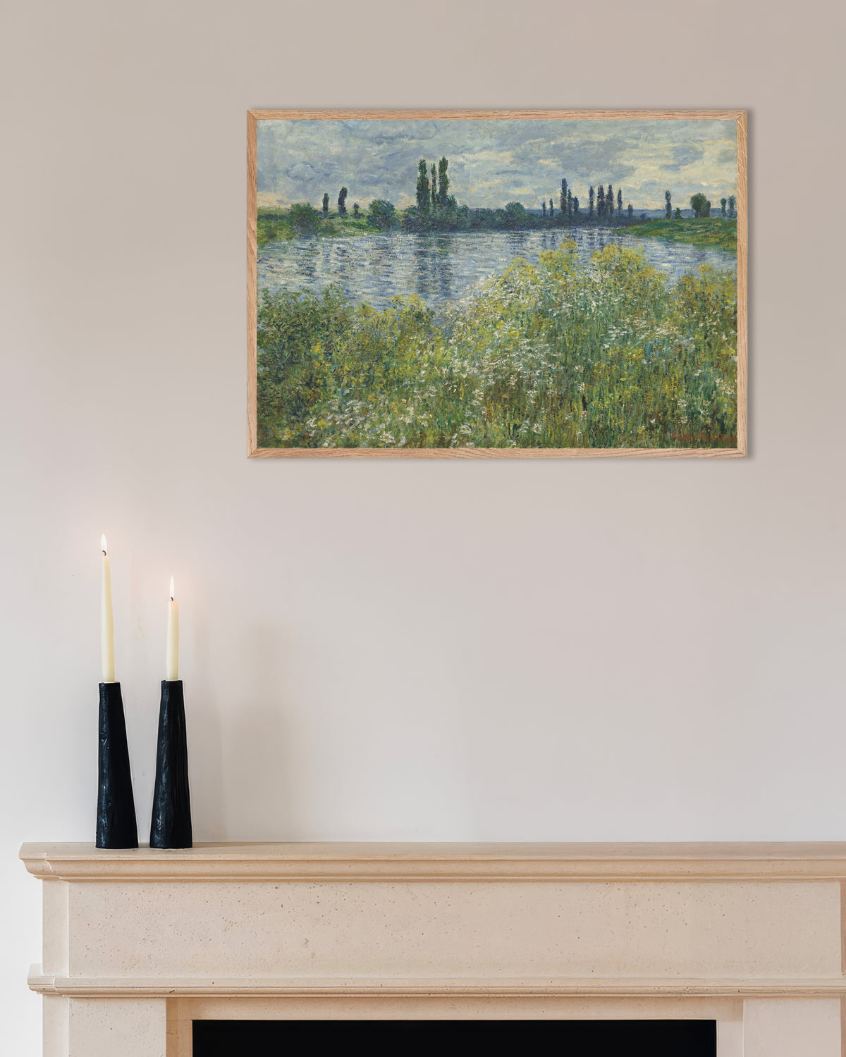 Poster of Banks of the Seine, Vétheuil (1880) by Claude Monet, with natural wooden frame
