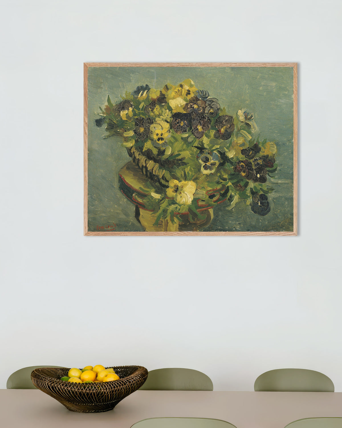 Poster of Basket of Pansies on a Small Table (1887) by Vincent van Gogh, with natural wooden frame